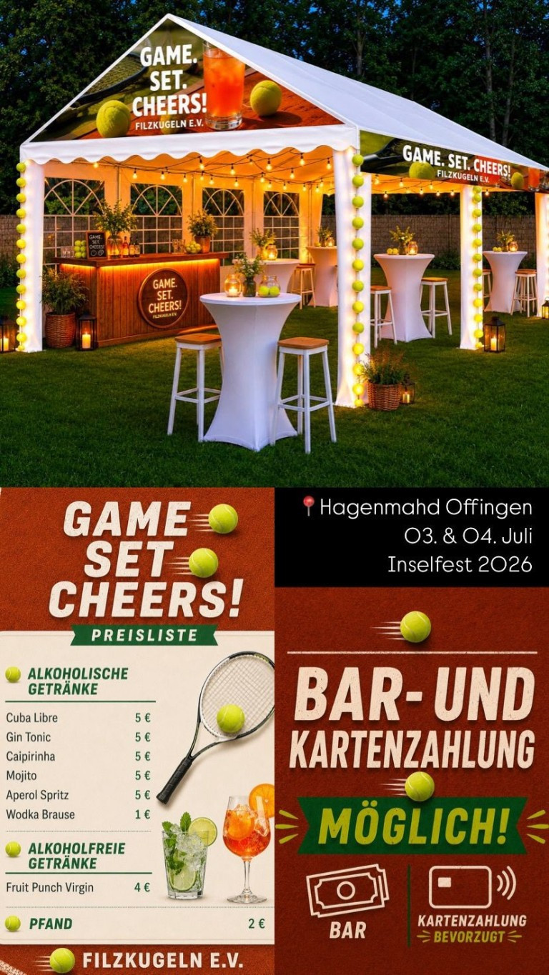 Stimmungsvolles Bild vom Offinger Inselfest 2026 mit dekorierter Bar, Stehtischen und Preisliste der Getränke im Hagenmahd Offingen.