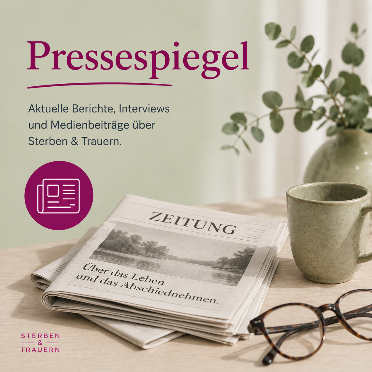 Pressespiegel zu Sterben und Trauern – Zeitung, Brille und Tasse auf Tisch, aktuelle Medienberichte zum Abschiednehmen