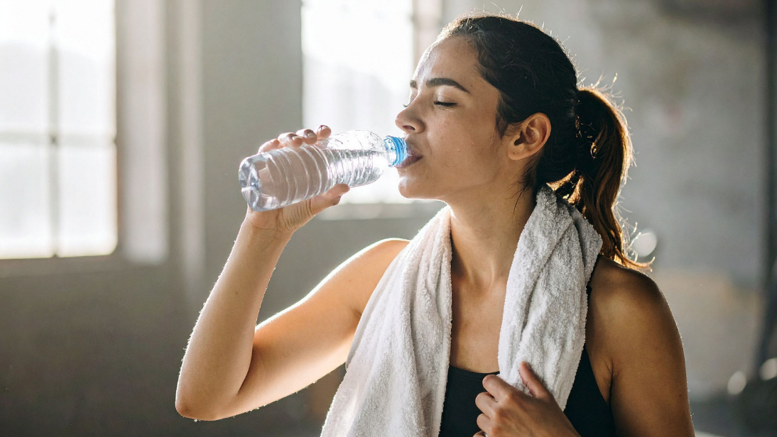 Frau beim Sport trinkt Wasser aus einer Flasche und hat ein Handtuch um die Schultern