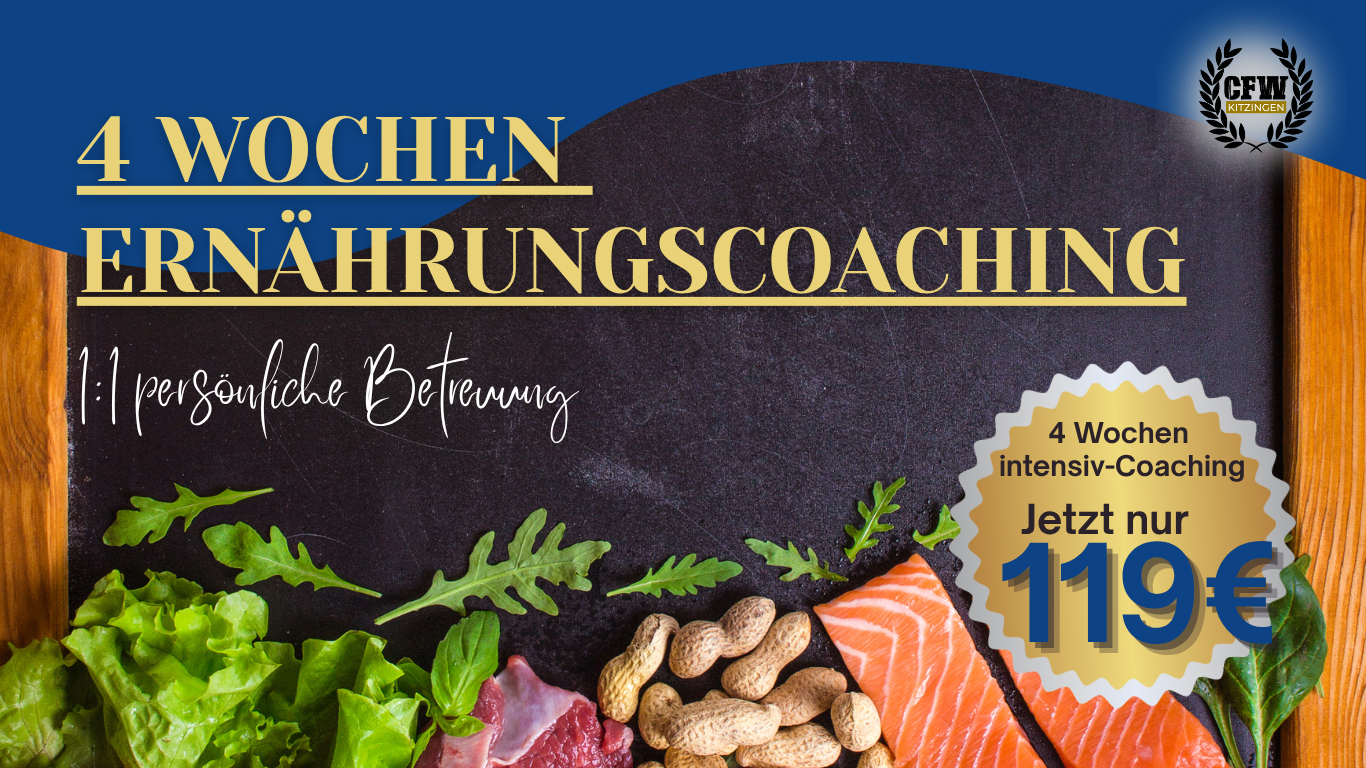 Ernährungscoaching Website mit gesunden Lebensmitteln wie Lachs, Nüssen und Salat