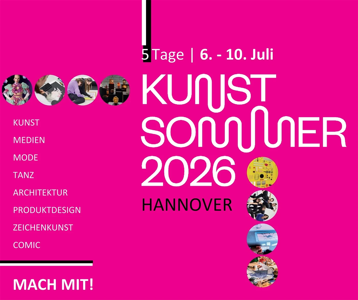 Plakat zum Kunst Sommer 2026 in Hannover mit Informationen zu Datum, Ort und kreativen Disziplinen