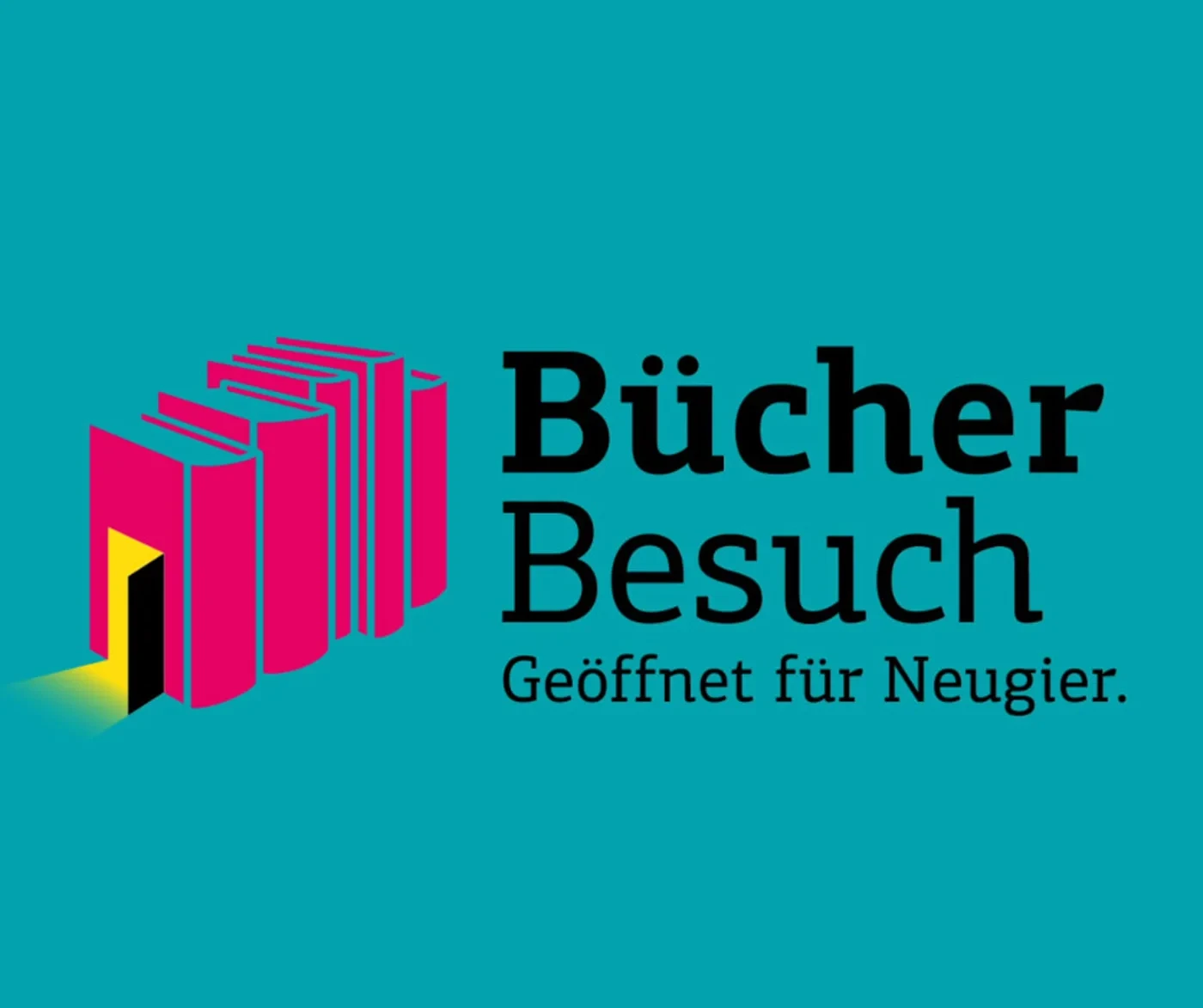 Logo und Schriftzug von BücherBesuch 2026 mit dem Slogan 'Geöffnet für Neugier'.