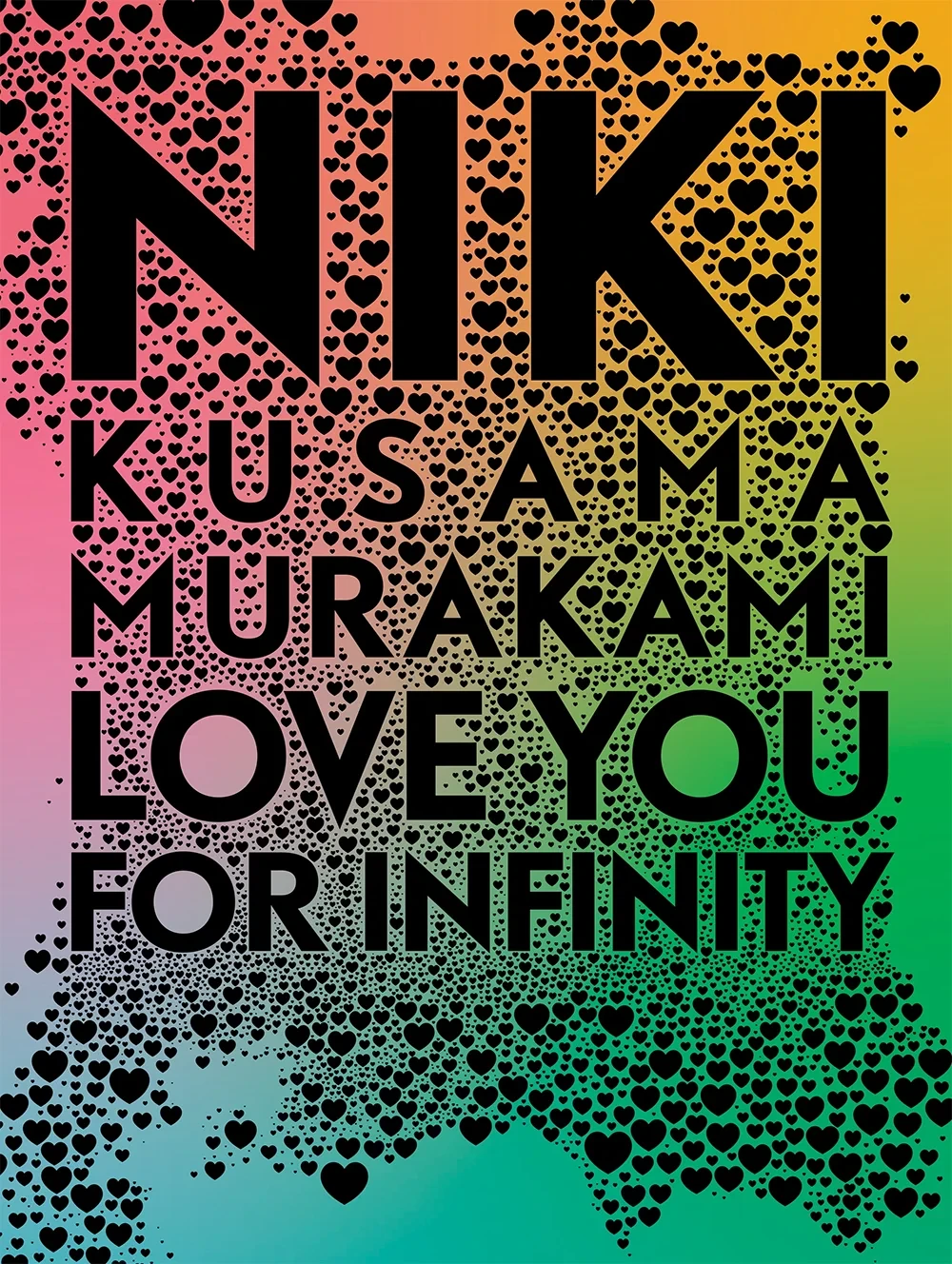 Header-Grafik mit den Namen Niki, Kusama, Murakami und dem Text 'Love You For Infinity' auf buntem Hintergrund mit Herzmotiven.