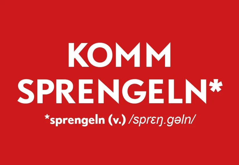 Beitrag mit dem Spruch 'Komm sprengeln' auf rotem Hintergrund, Definition und Lautschrift von 'sprengeln'