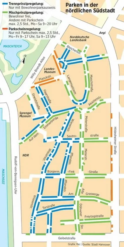 Parken in der Südstadt: Übersichtskarte der Parkmöglichkeiten und Straßen in der Südstadt, inklusive Landesmuseum, Sprengel Museum und NDR.