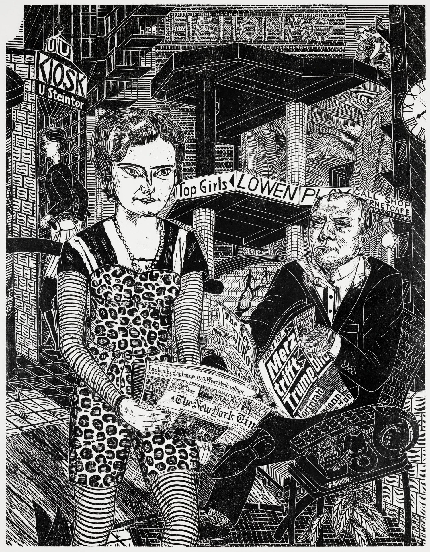 Schwarz-weiße Grafik von Gabriela Jolowicz mit urbaner Szene, Zeitungen und Figuren im Beitrag-Archiv