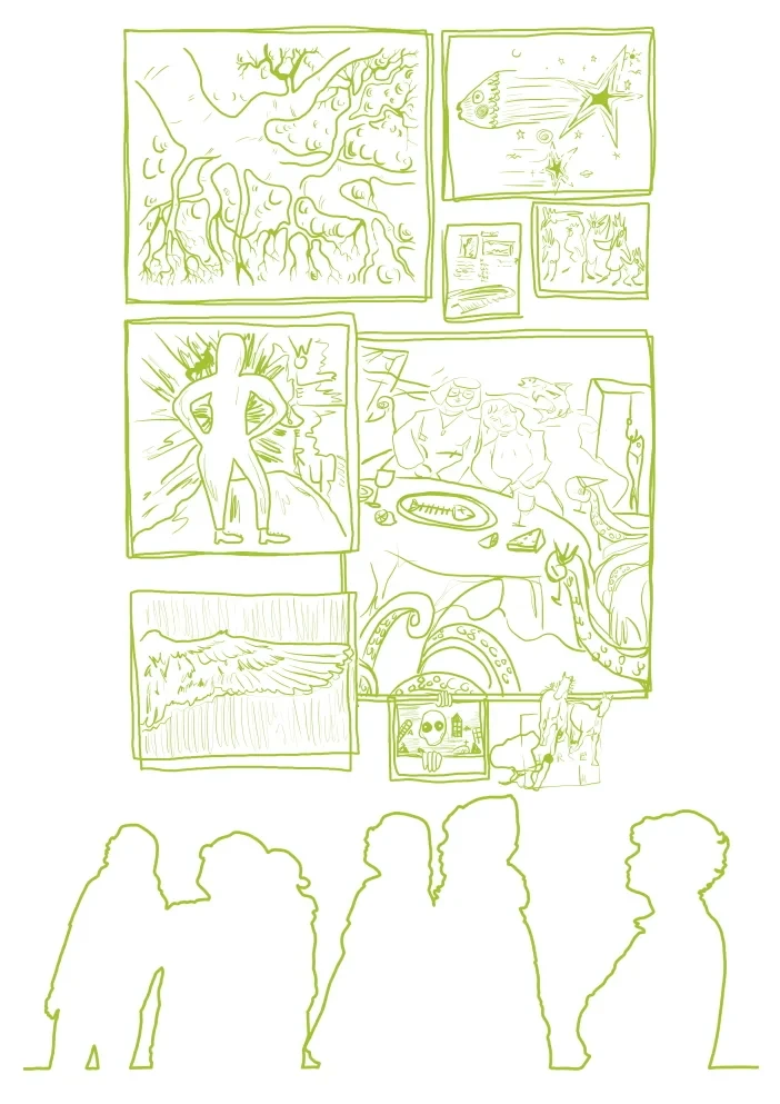Illustration von Kunstwerken im Beitrag-Archiv des Kunstclubs, betrachtet von mehreren Personen