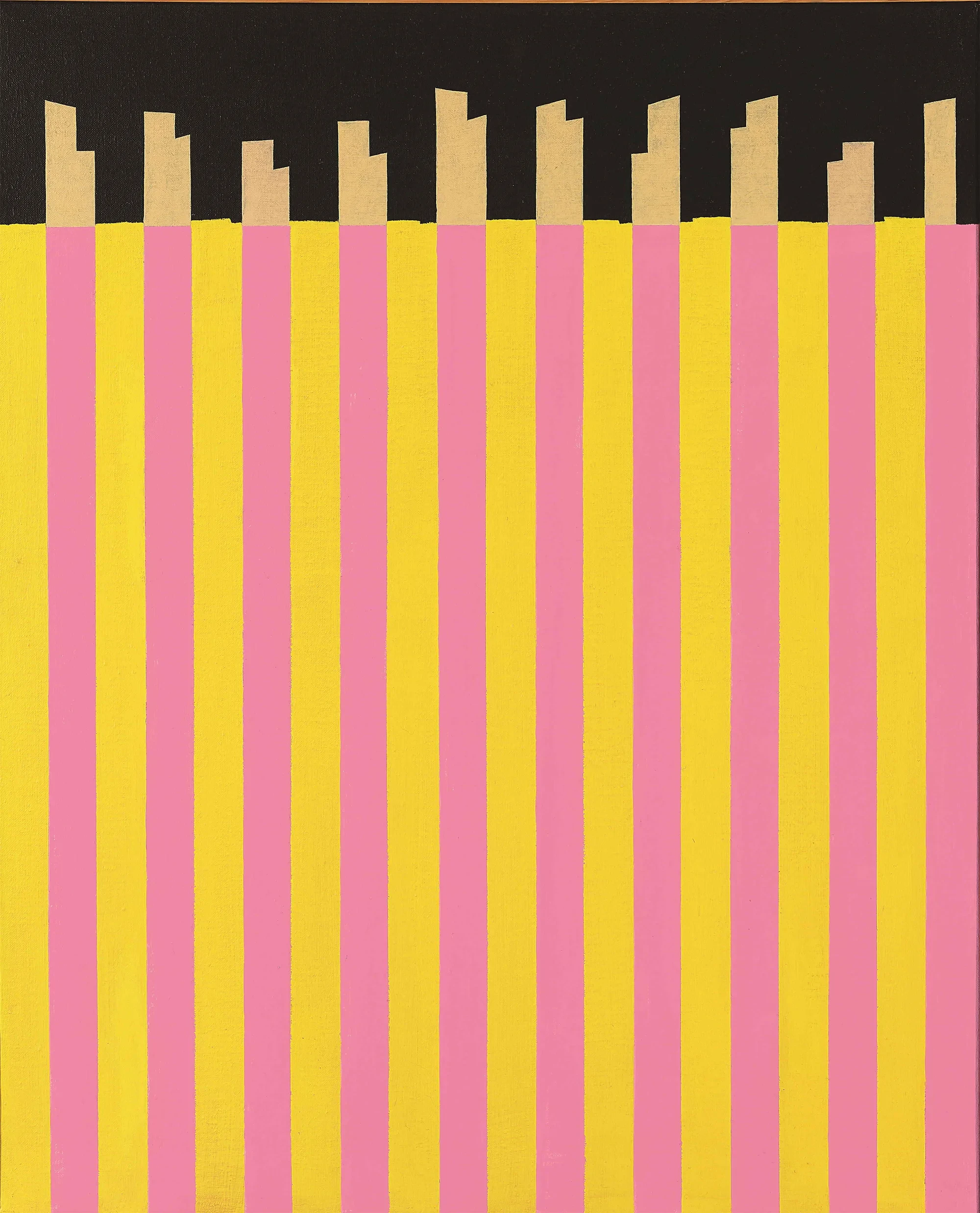 Abstraktes Kunstwerk von Jean Leppien mit gelben und pinken Streifen und geometrischen Formen