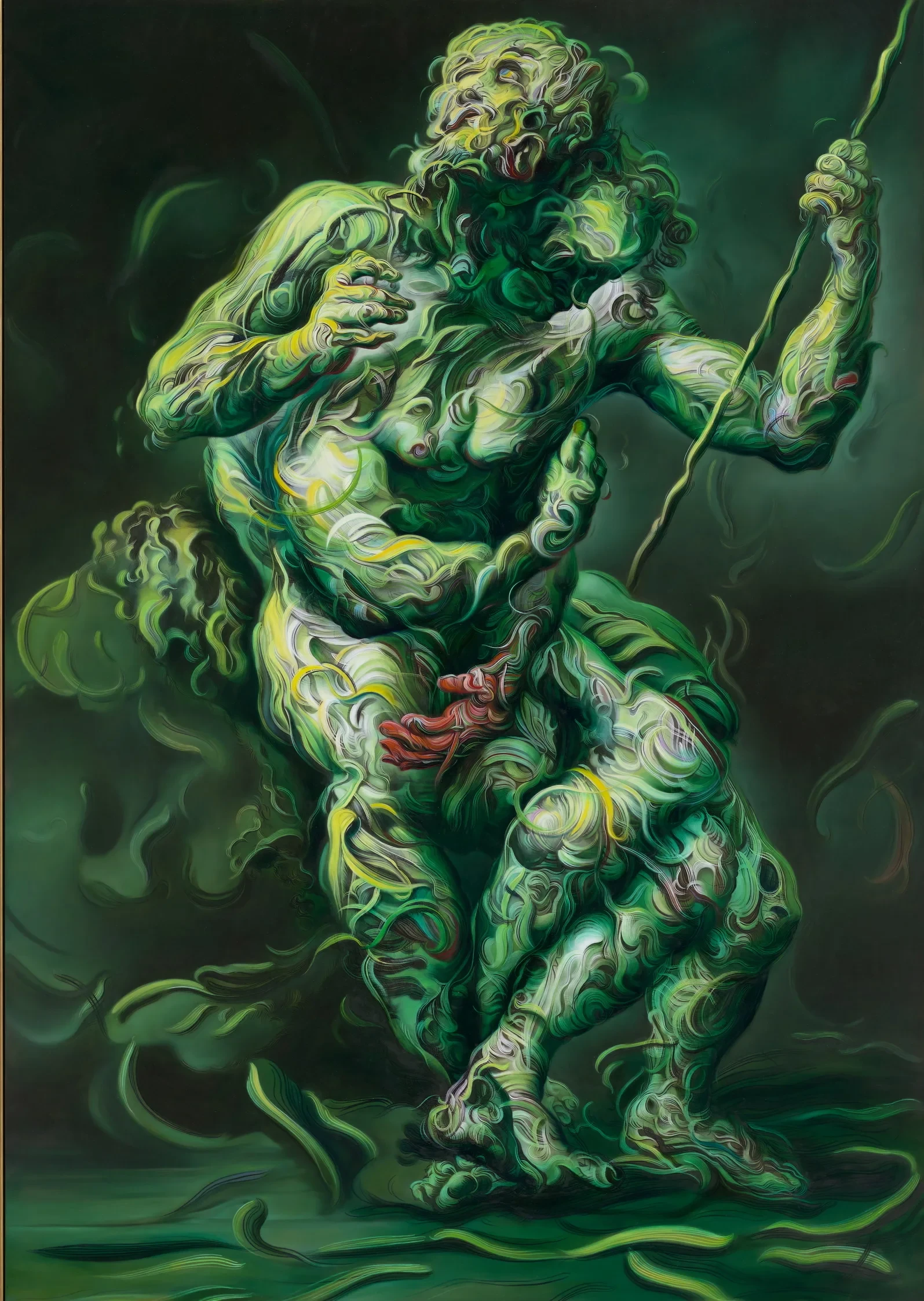 Gemälde von Glenn Brown aus dem Landesmuseum und Sprengel Museum, abstrakte grüne Figur in dynamischer Pose