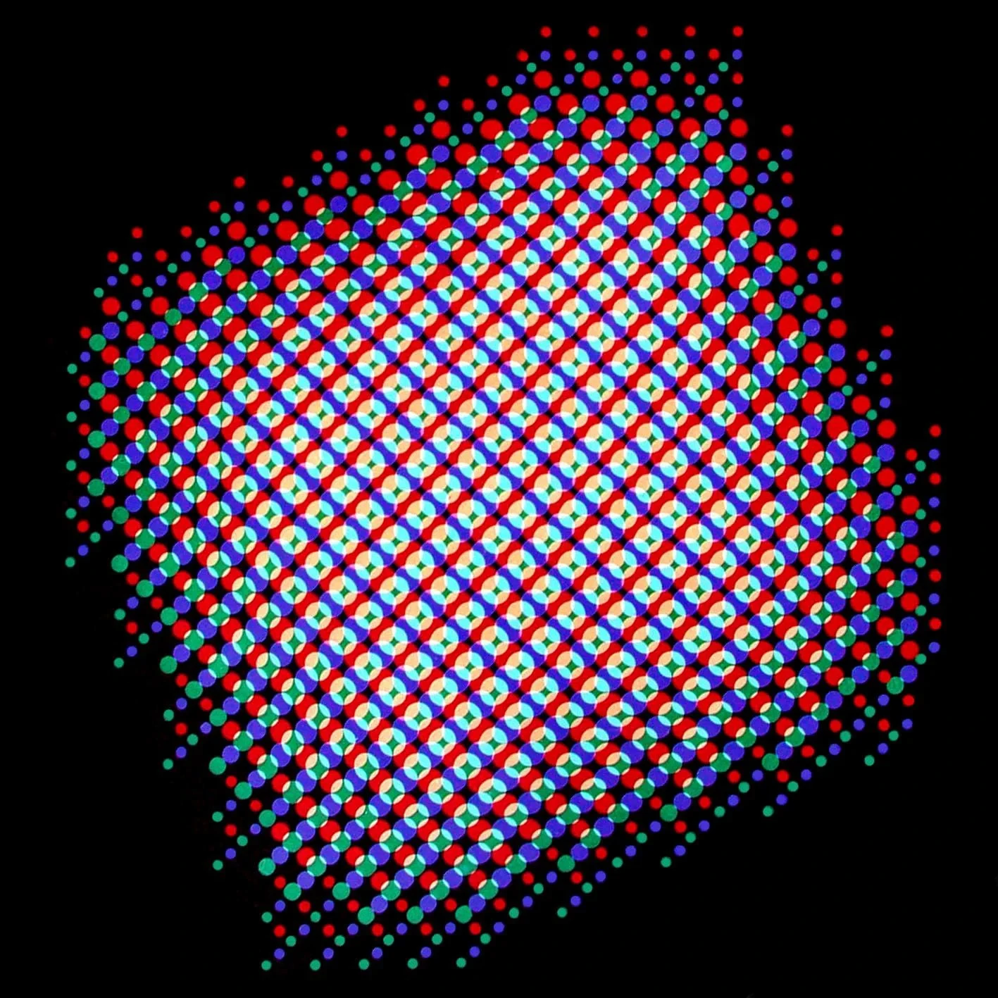 Generative Fotografie von Gottfried Jäger – abstraktes, farbiges Punktraster auf schwarzem Hintergrund