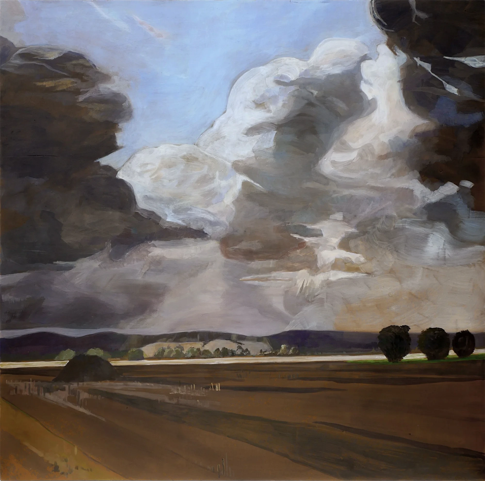 Gemälde von Antje Schiffers mit dramatischer Wolkenlandschaft über einem weiten Feld