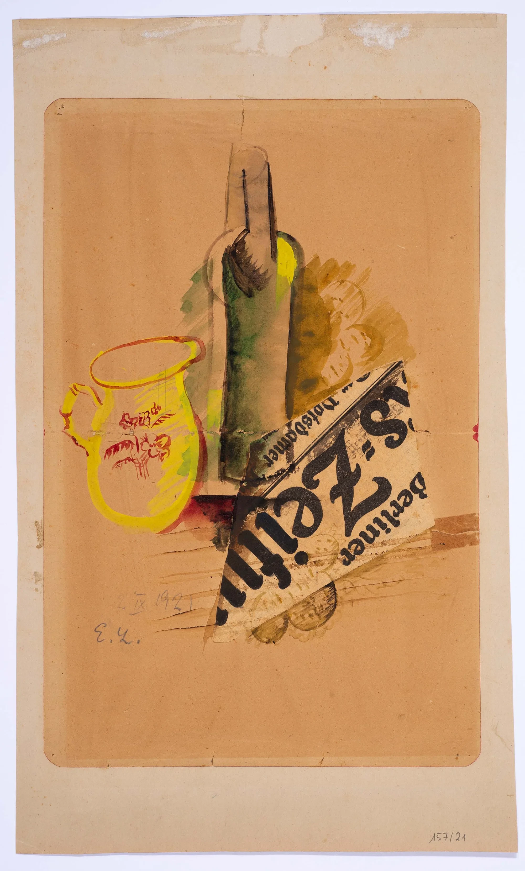 Stillleben von Elena Liessner-Blomberg mit gelbem Krug, Flasche und Zeitungsausschnitt