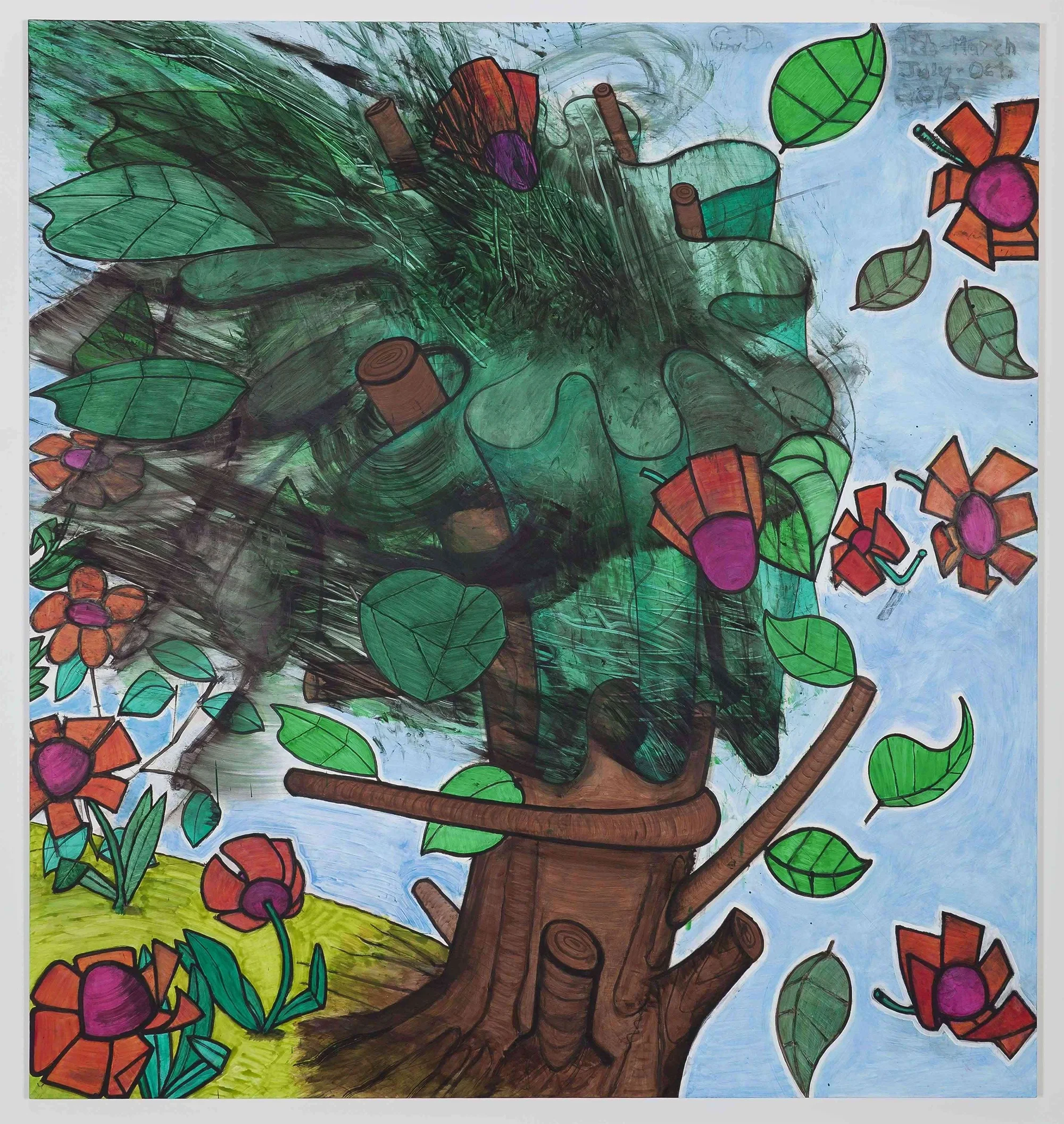 Gemälde von Oehlen und Dunham mit Bäumen und bunten Blumen