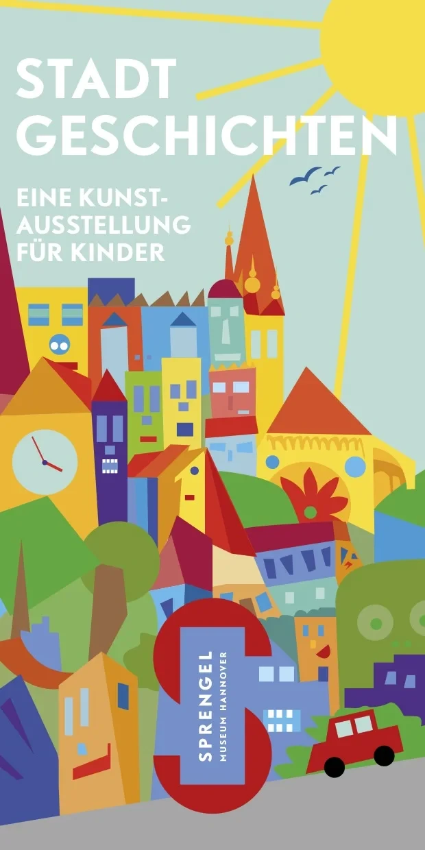 Bunte Illustration einer Stadt fcr die Ausstellung Stadtgeschichten fcr Kinder