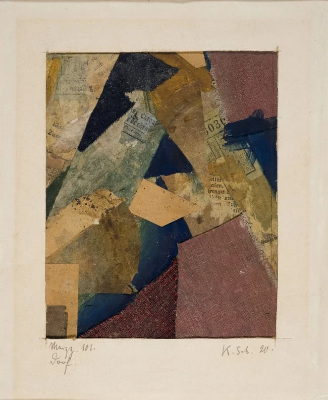 Abstraktes Merz-Kunstwerk zum Jubiläum 100 Jahre Merz, Collage mit verschiedenen Materialien und Farben