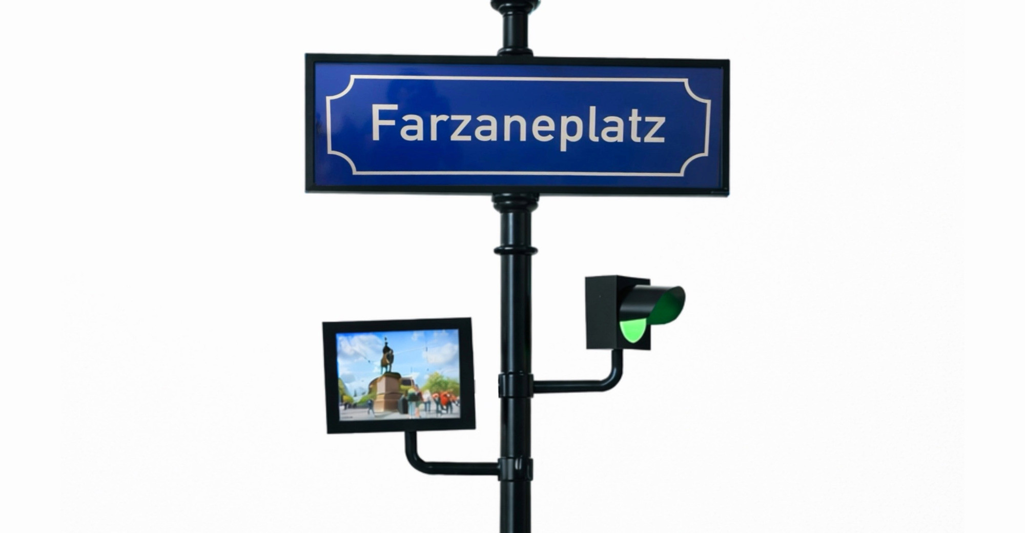 Straßenschild Farzaneplatz mit Ampel und Statue im Hintergrund