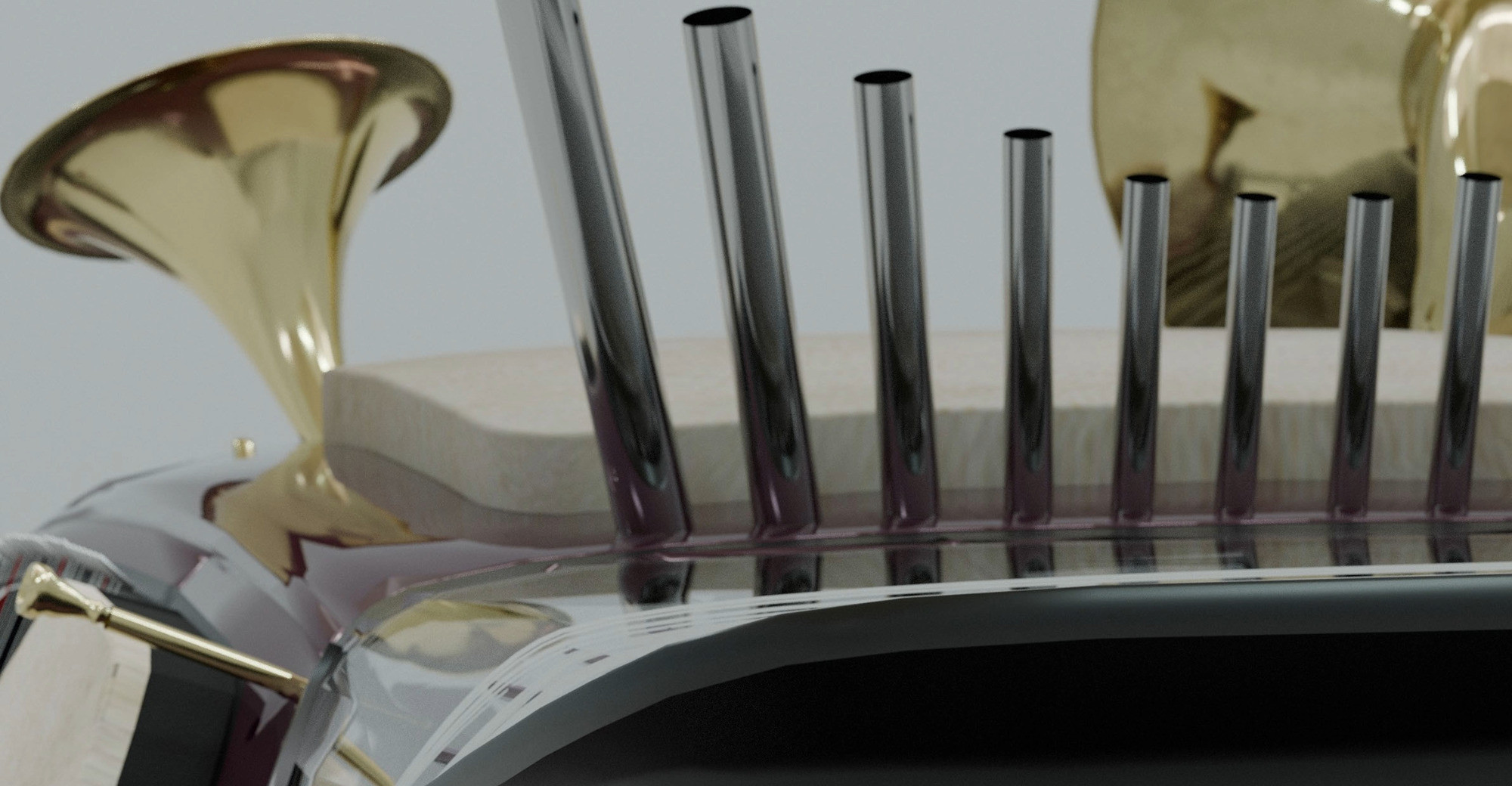 Detailaufnahme von Metallrohren, vermutlich Teil eines Musikinstruments oder einer technischen Vorrichtung, aladag