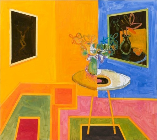 Abstraktes Gemälde mit farbenfrohem Interieur, Tisch mit Vase und Bildern an der Wand, werkverz-nr-ah-2022-028