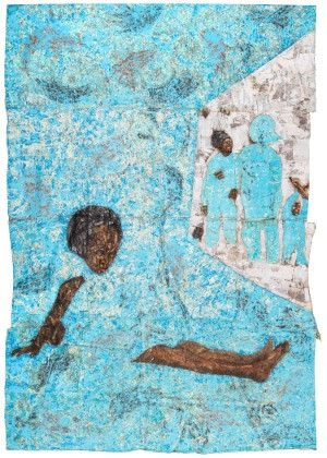 Kunstwerk von Nyamai mit blauen und braunen Figuren auf strukturiertem Hintergrund