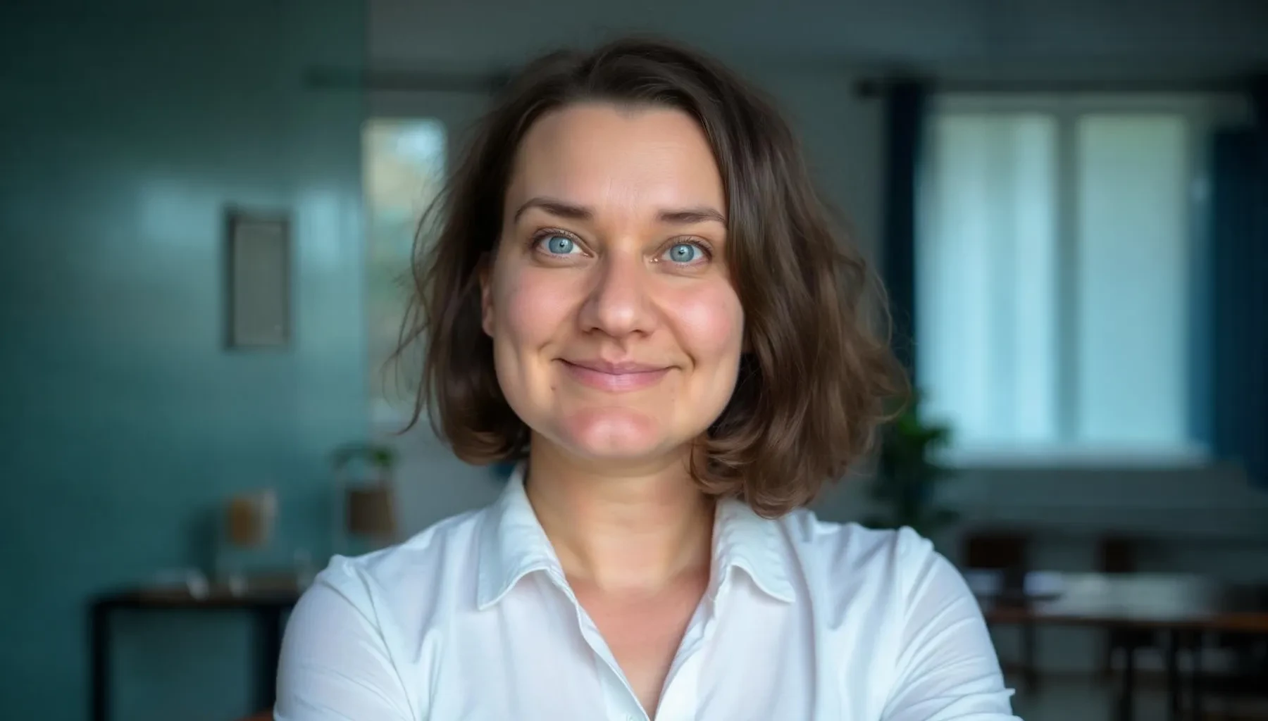Porträtfoto einer Frau mit braunen Haaren und weißer Bluse, marinafoto-bearb