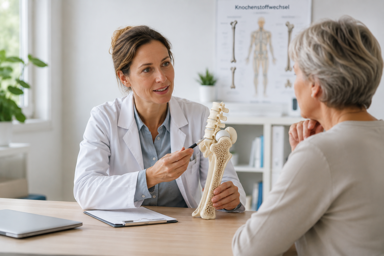 Ärztin erklärt Patientin mit Knochenmodell den Knochenstoffwechsel am 3. Juli 2026