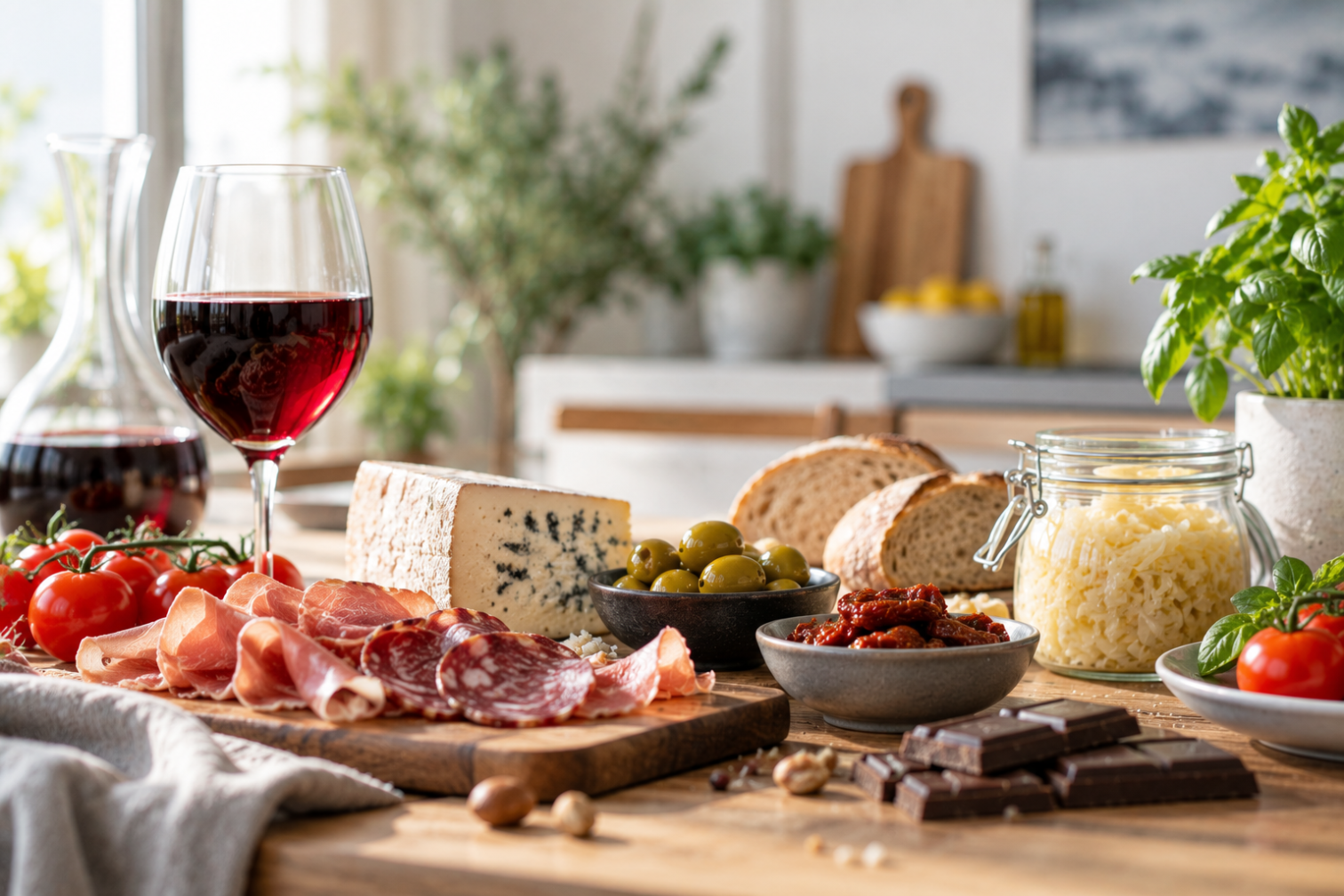 Histaminreiche Lebensmittel wie Rotwein, Käse, Wurst, Oliven und Brot auf einem Küchentisch