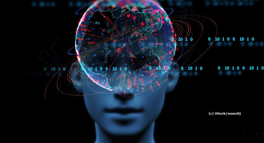 Prostata Hilfe Deutschland: Illustrationsbild Künstliche Intelligenz - virtuelles Gesicht mit Zahlen und technischem Hintergrund