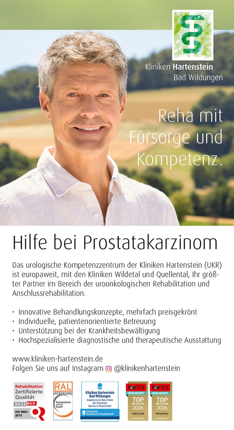 Reha-Anzeige der Kliniken Hartenstein zur Rehabilitation bei Prostatakarzinom, Mann in Natur, Text zu Fürsorge und Kompetenz