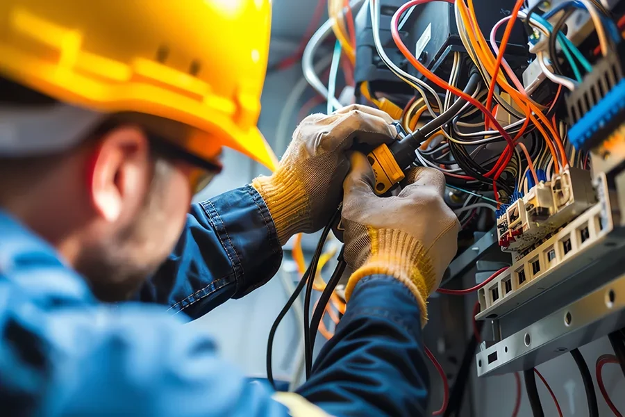 Zur Unterseite Elektriker Elektriker bei der Arbeit an einem Schaltschrank mit vielen Kabeln
