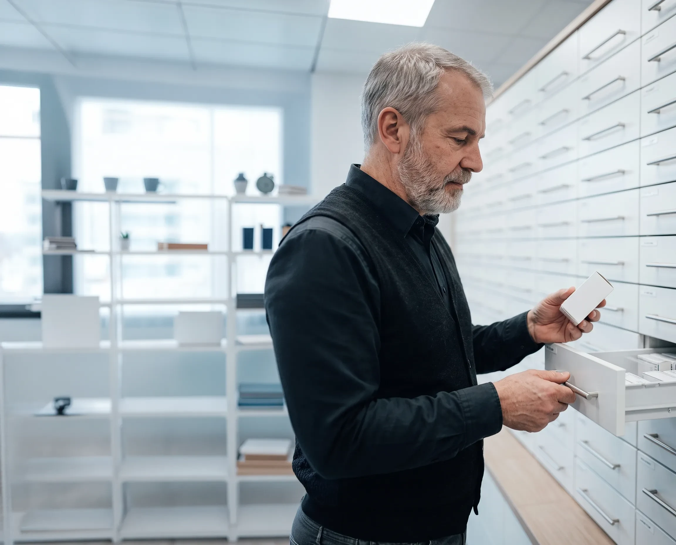 Apotheker in moderner Apotheke sucht Medikament in Schublade – apotheke-gemini-generated-image-cpfmvycpfmvycpfm.webp (KI-generiert)