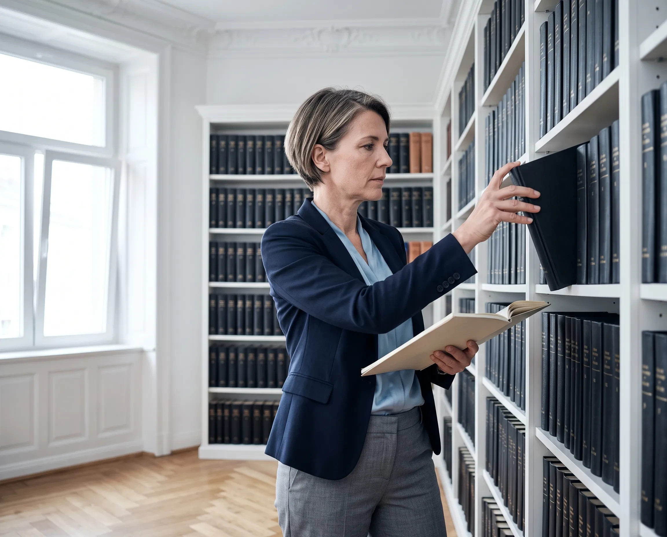 Anwalt in einer Bibliothek sucht ein Buch im Regal aus, professionelle Rechtsberatung (KI-generiert)