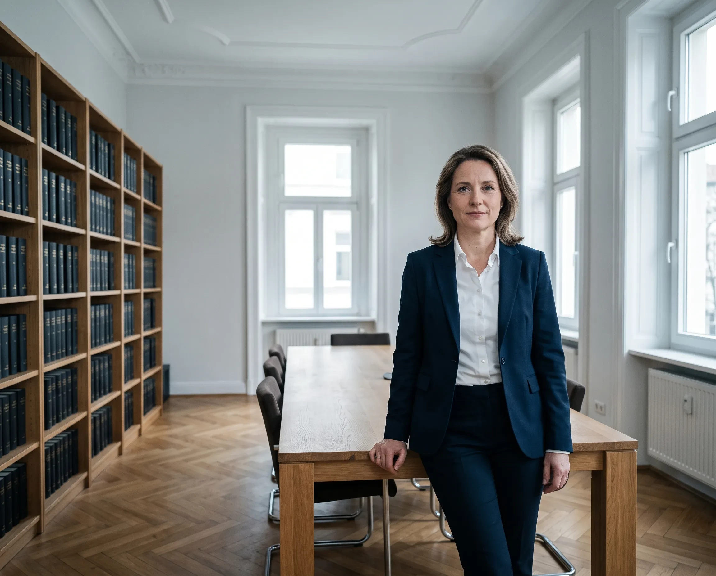 Anwältin im modernen Besprechungsraum einer Kanzlei, professionelle Frau im Anzug (KI-generiert)