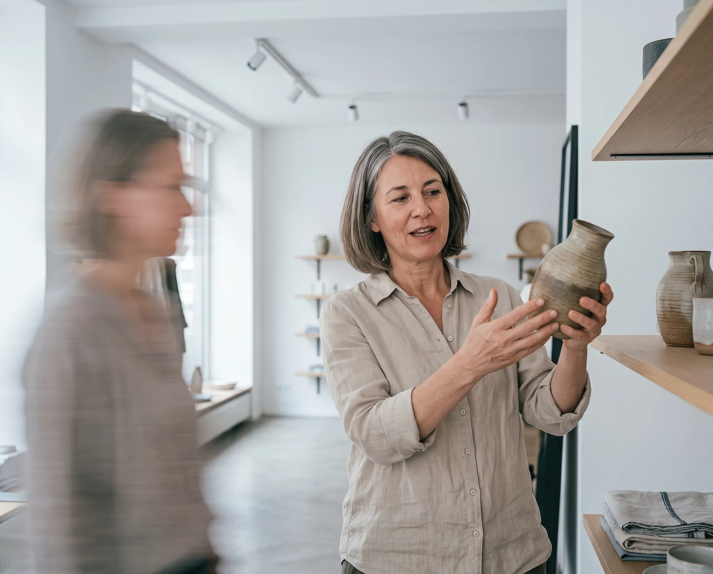 Frau im Einzelhandel zeigt eine Keramikvase in einem modernen Geschäft (KI-generiert)