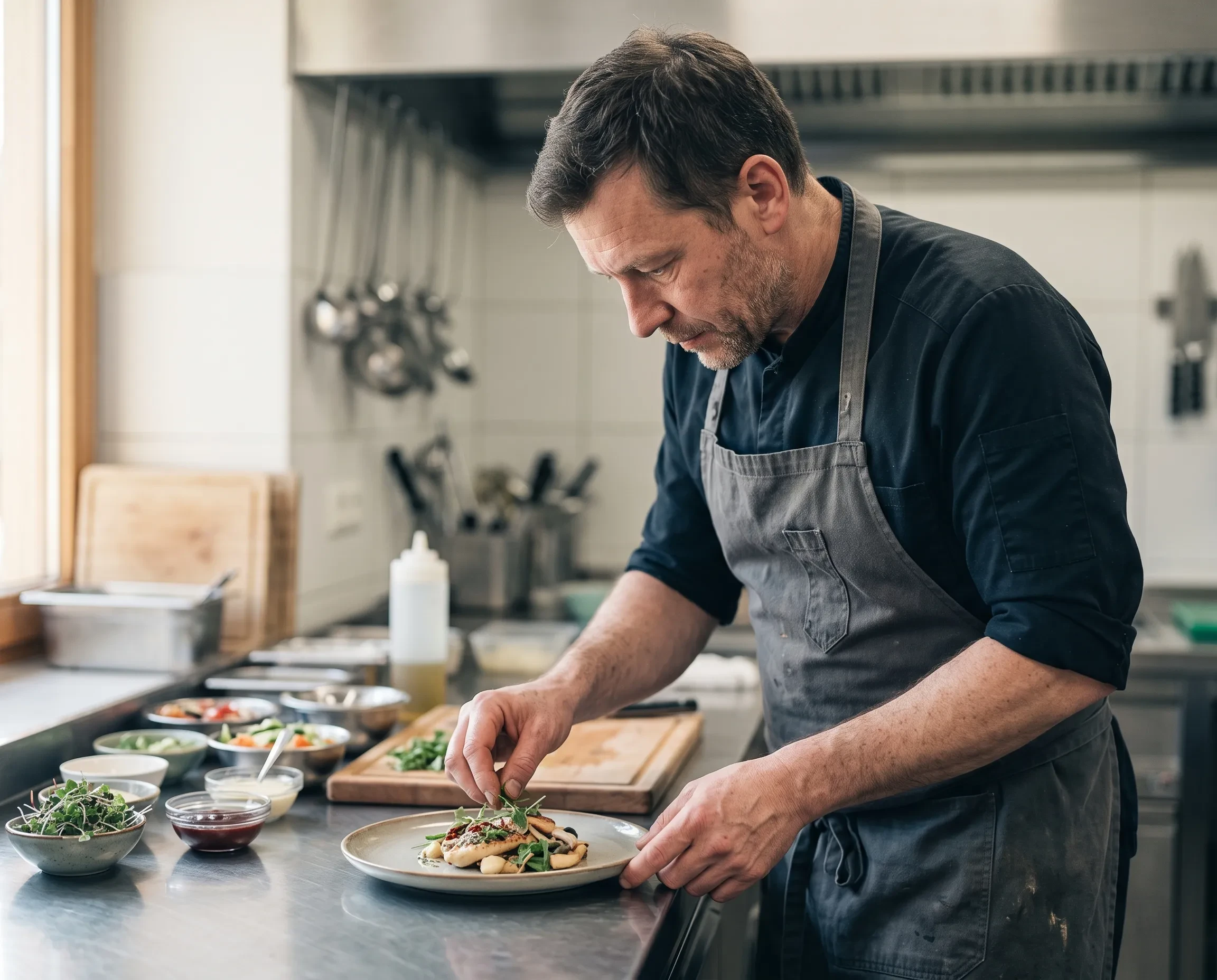 Koch in moderner Gastronomie-Küche richtet ein kreatives Gericht an – gastro gemini (KI-generiert)