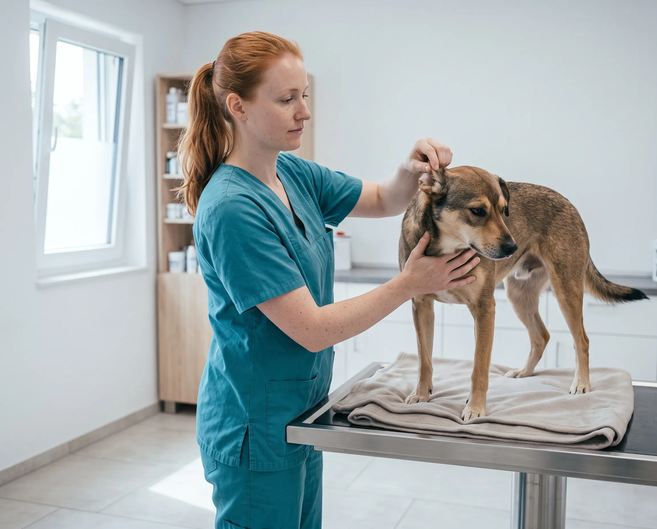Tierarzt untersucht Hund in moderner Tierarztpraxis (KI-generiert)