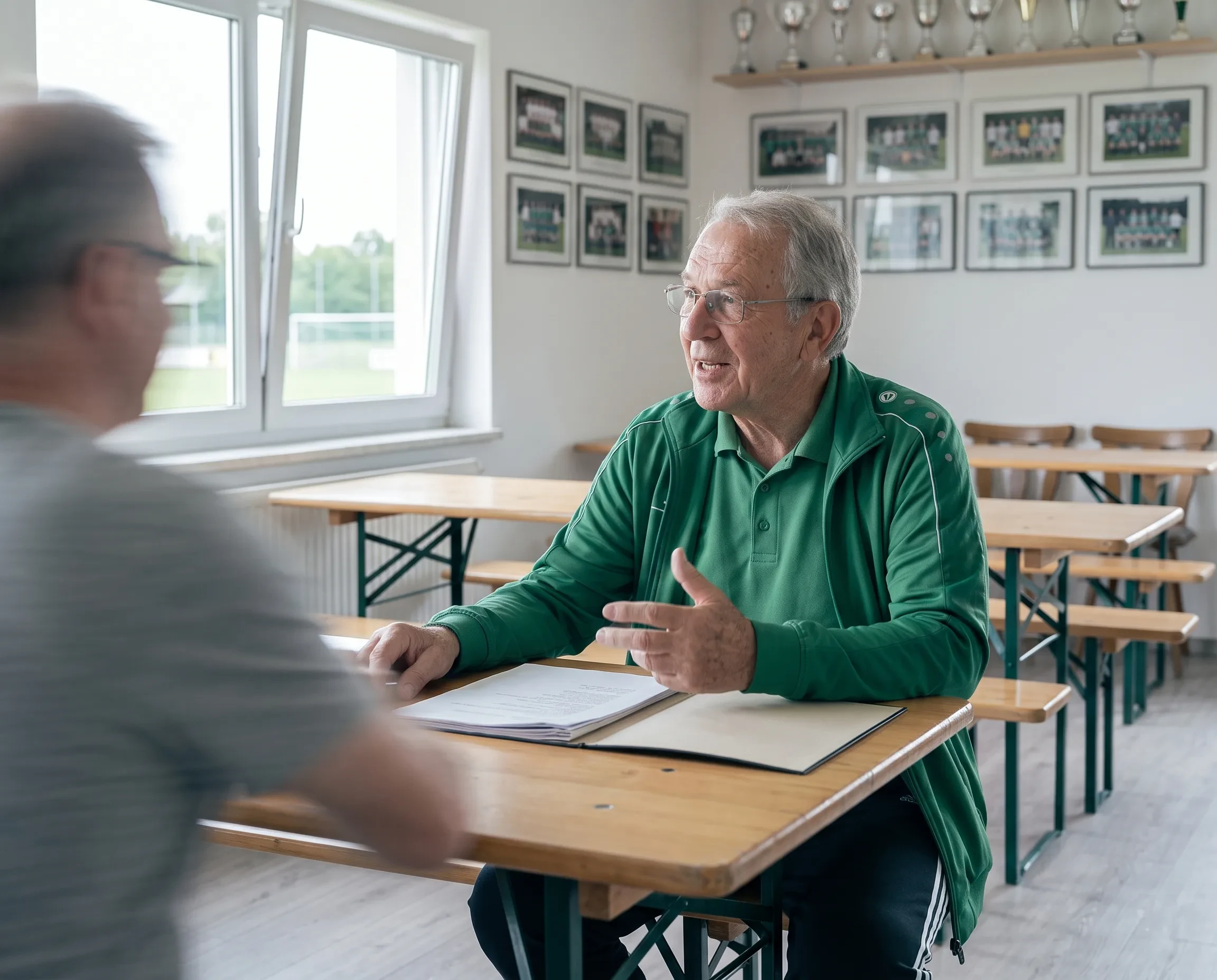 Vereinsmitglied im Gesprfr mit Unterlagen im Vereinsheim, Pokale und Mannschaftsfotos im Hintergrund (KI-generiert)