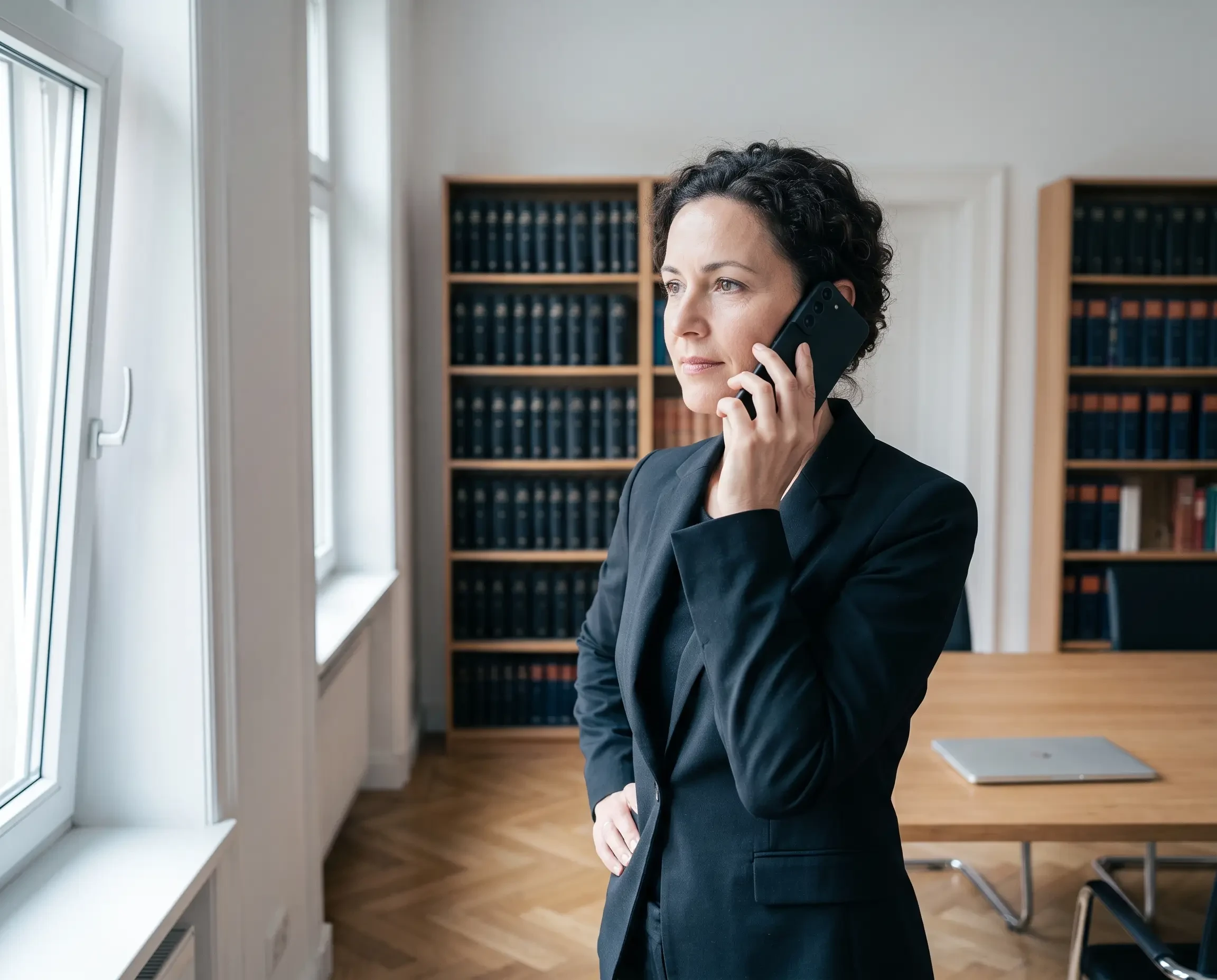 Anwalt im Büro telefoniert – professionelle Anwältin im Gespräch (KI-generiert)