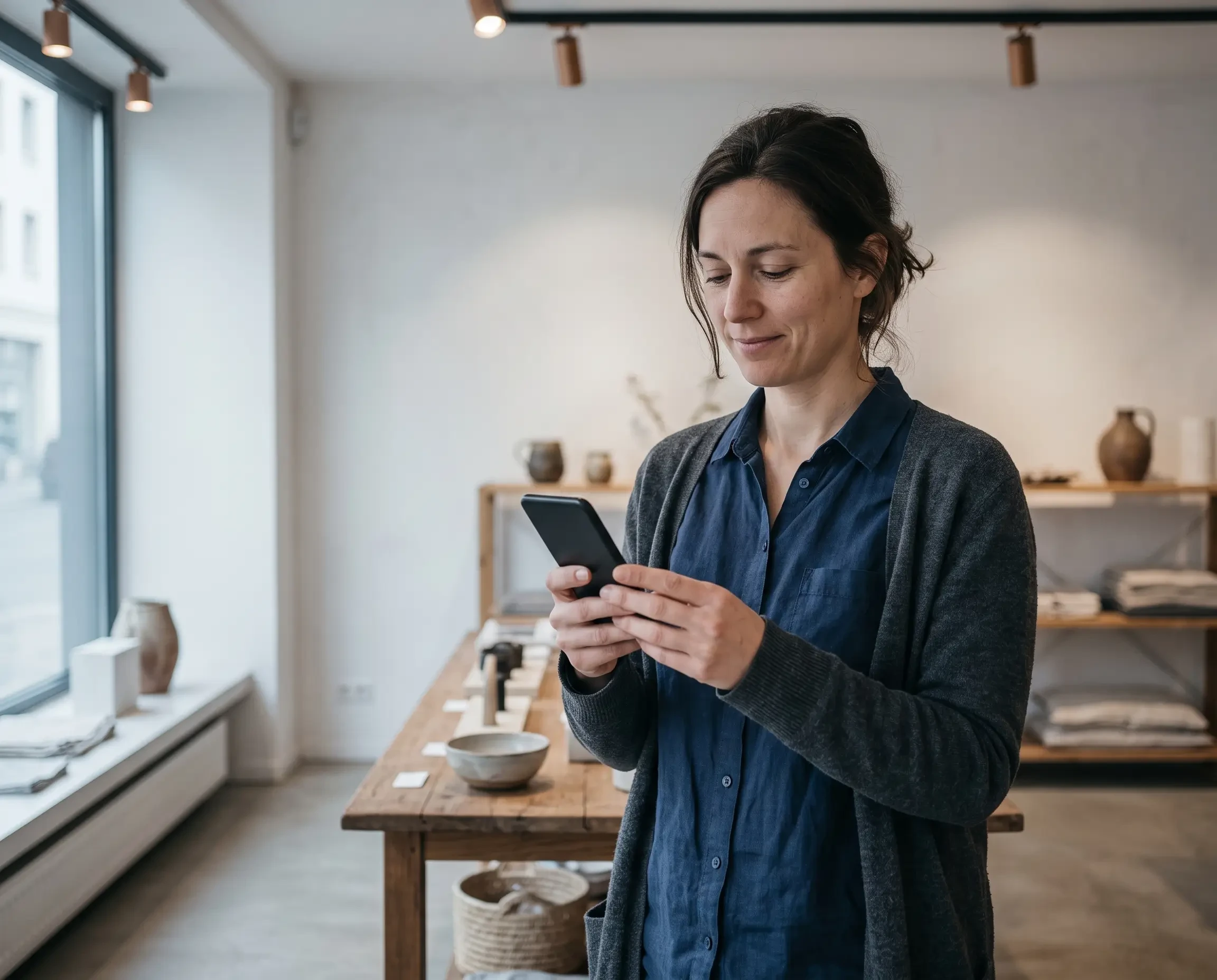Frau im Einzelhandel nutzt Smartphone zur Organisation im Geschäft (KI-generiert)
