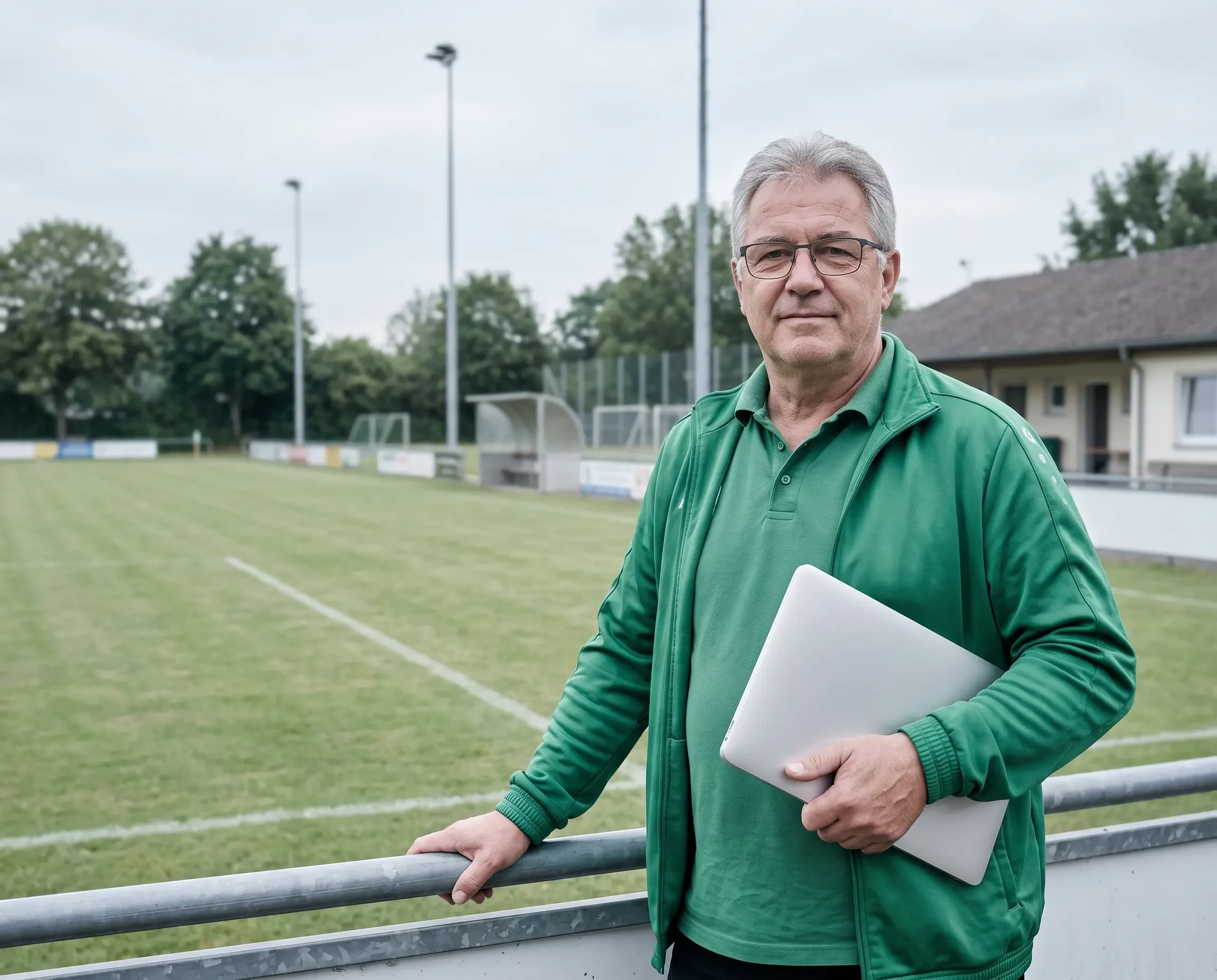 Vereinsfunktionär mit Laptop am Fußballplatz, Vereinsarbeit und Organisation (KI-generiert)