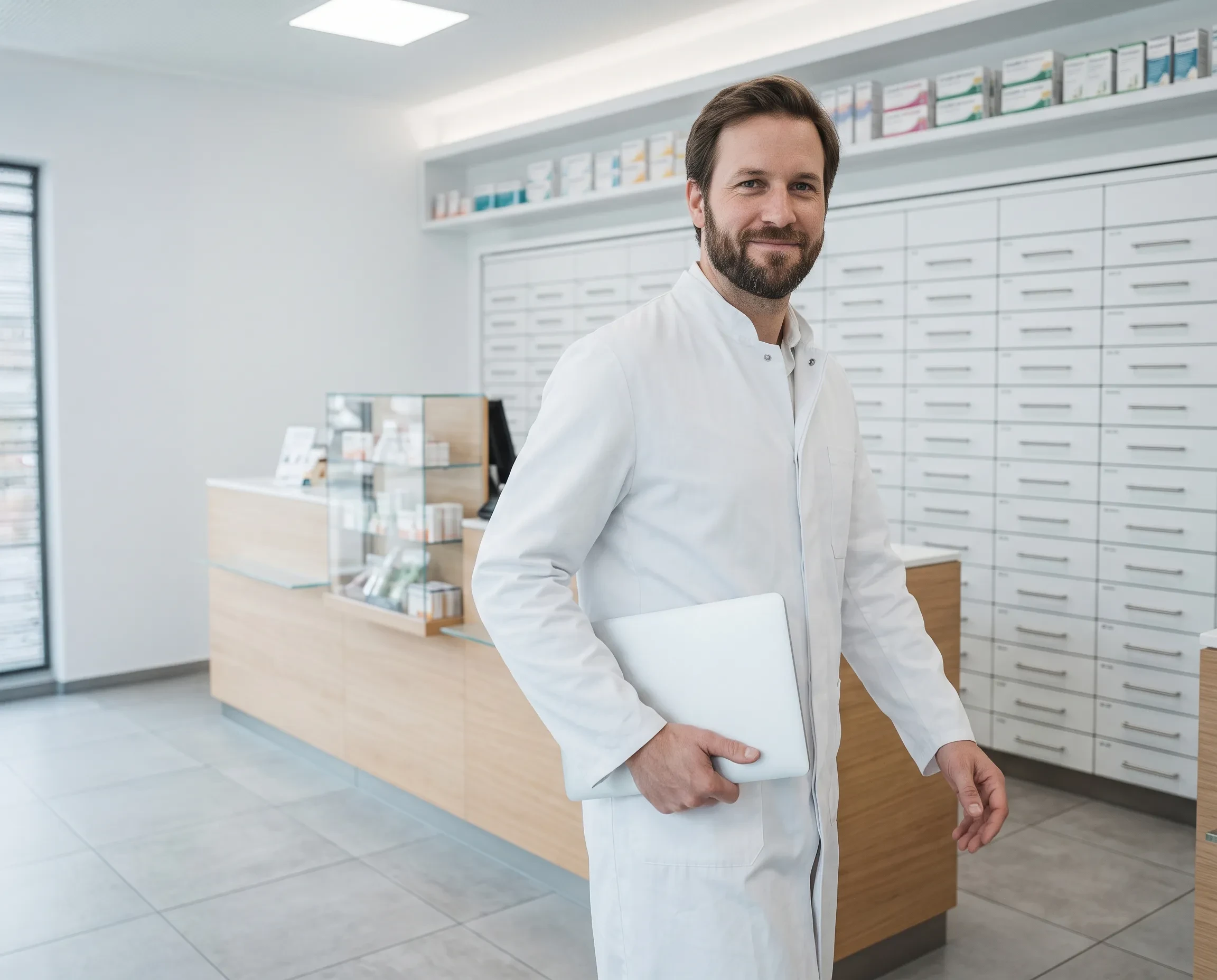Apotheker in moderner Apotheke mit Laptop in der Hand, apotheke-gemini-generated-image-xe24suxe24suxe24 (KI-generiert)