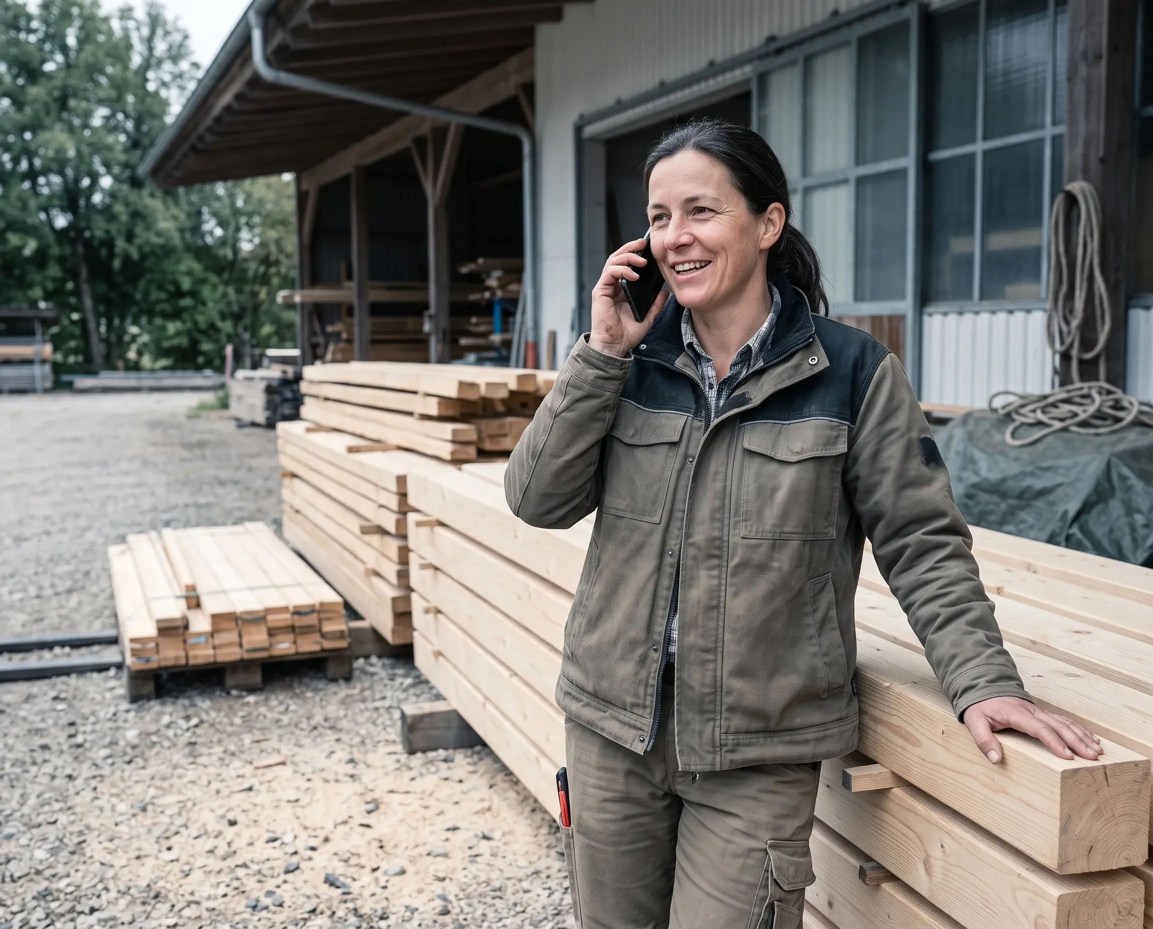 Handwerkerin telefoniert auf einem Holzplatz vor einer Werkstatt, handwerk, Bau, Holzverarbeitung (KI-generiert)