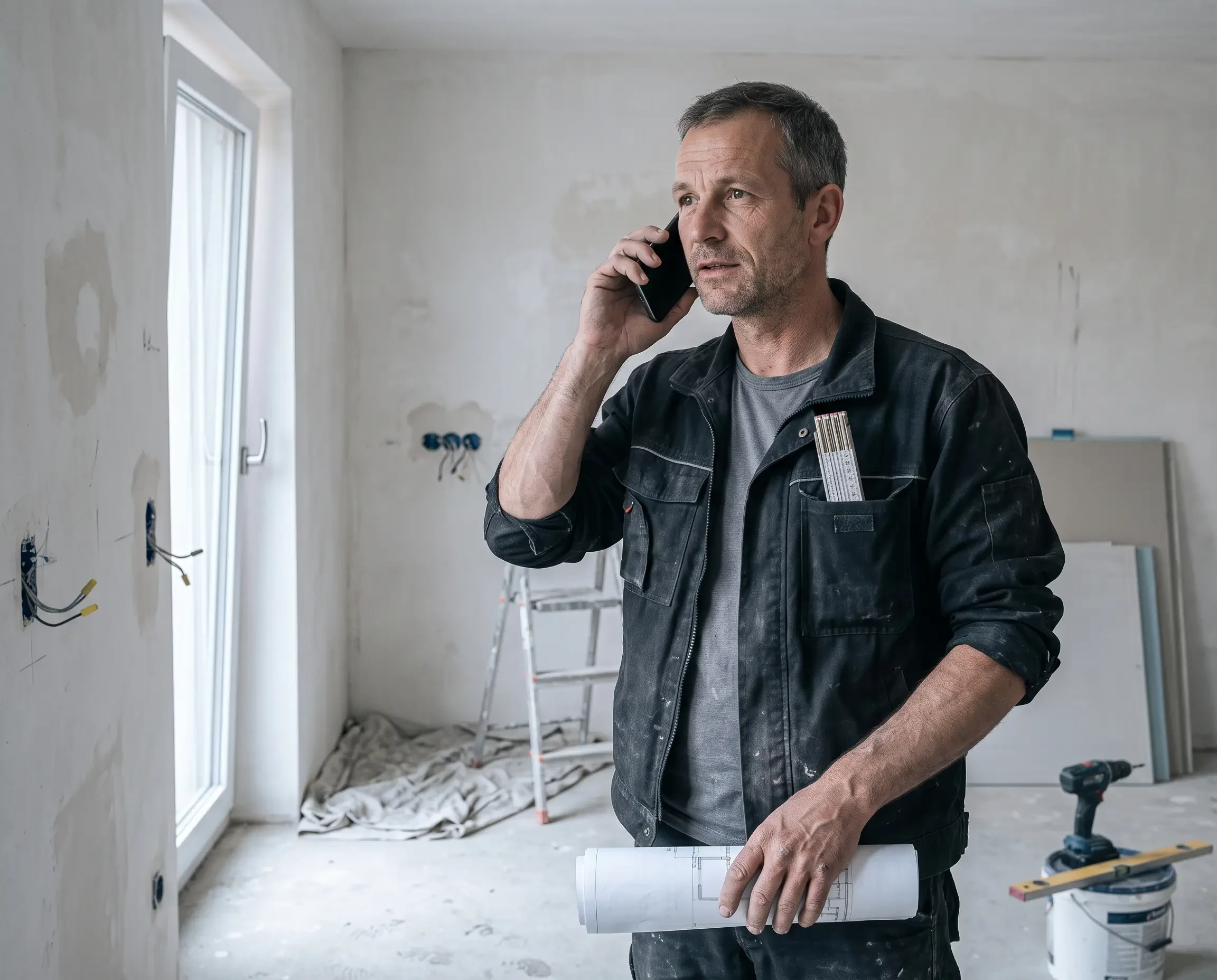 Handwerker telefoniert auf Baustelle mit Bauplan in der Hand (KI-generiert)