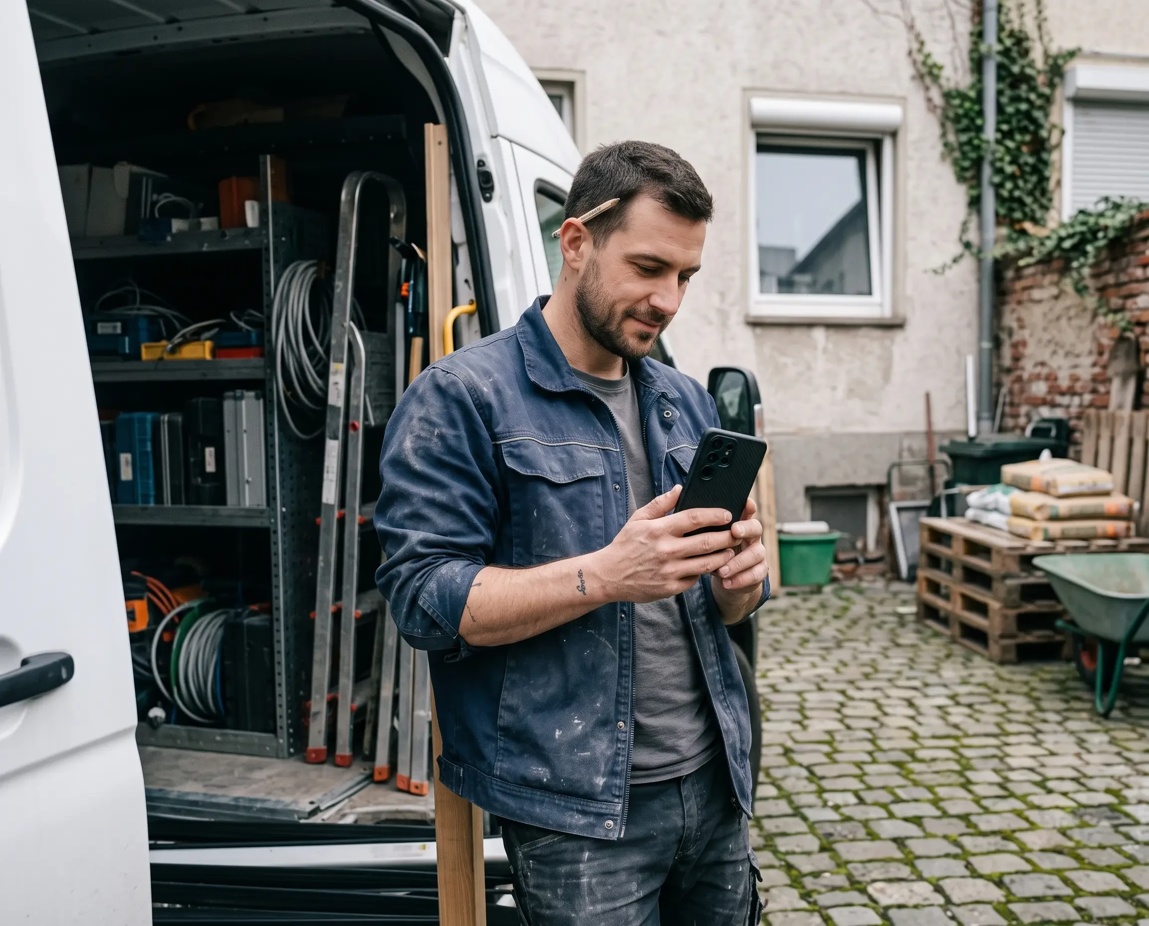 Handwerker steht vor Transporter und nutzt Smartphone, Handwerk Arbeitsalltag (KI-generiert)