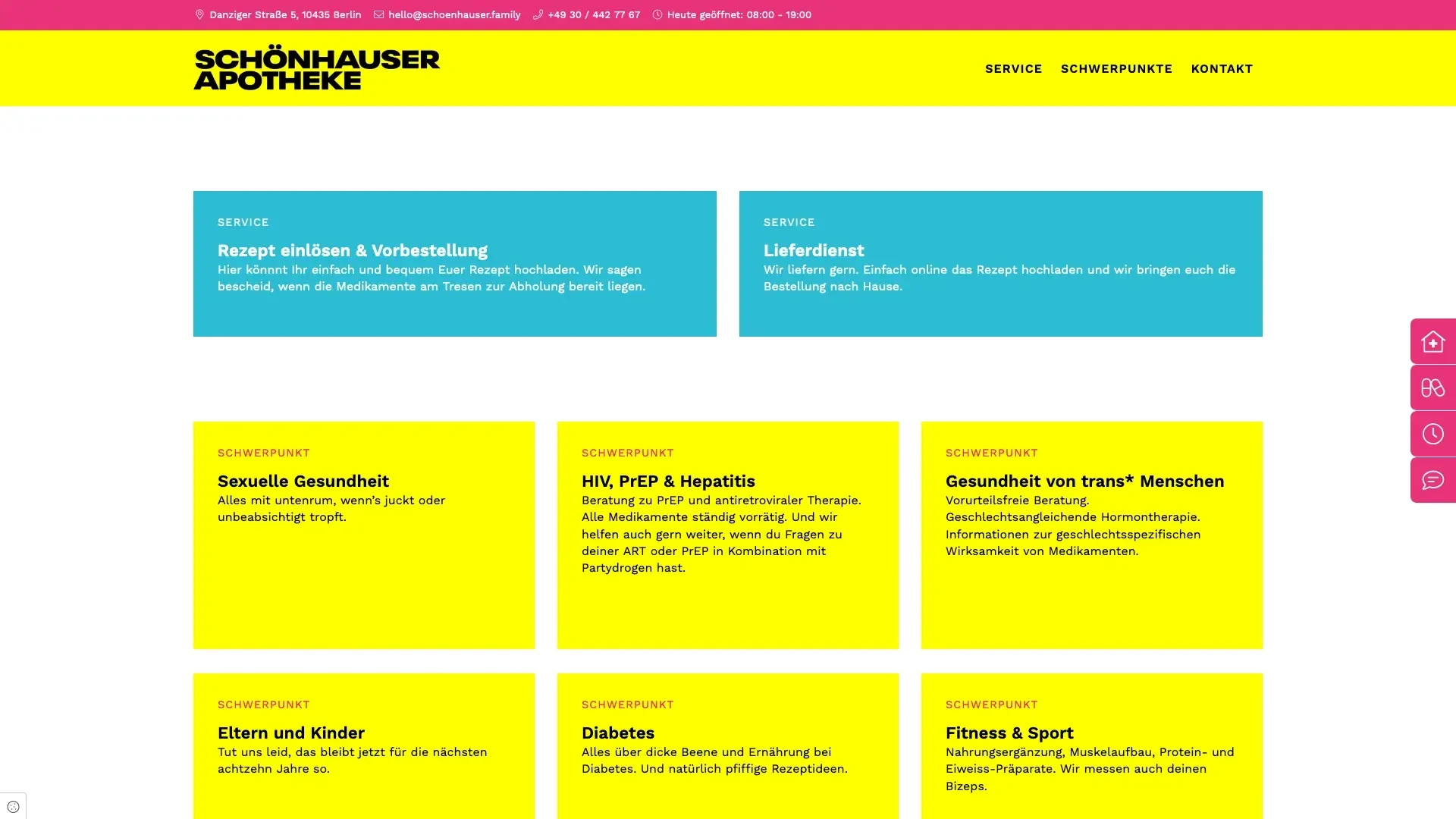 Screenshot der Webseite einer Berliner Apotheke mit Informationen zu Service, HIV, PrEP, Hepatitis, Gesundheit von trans* Personen, Diabetes und Fitness