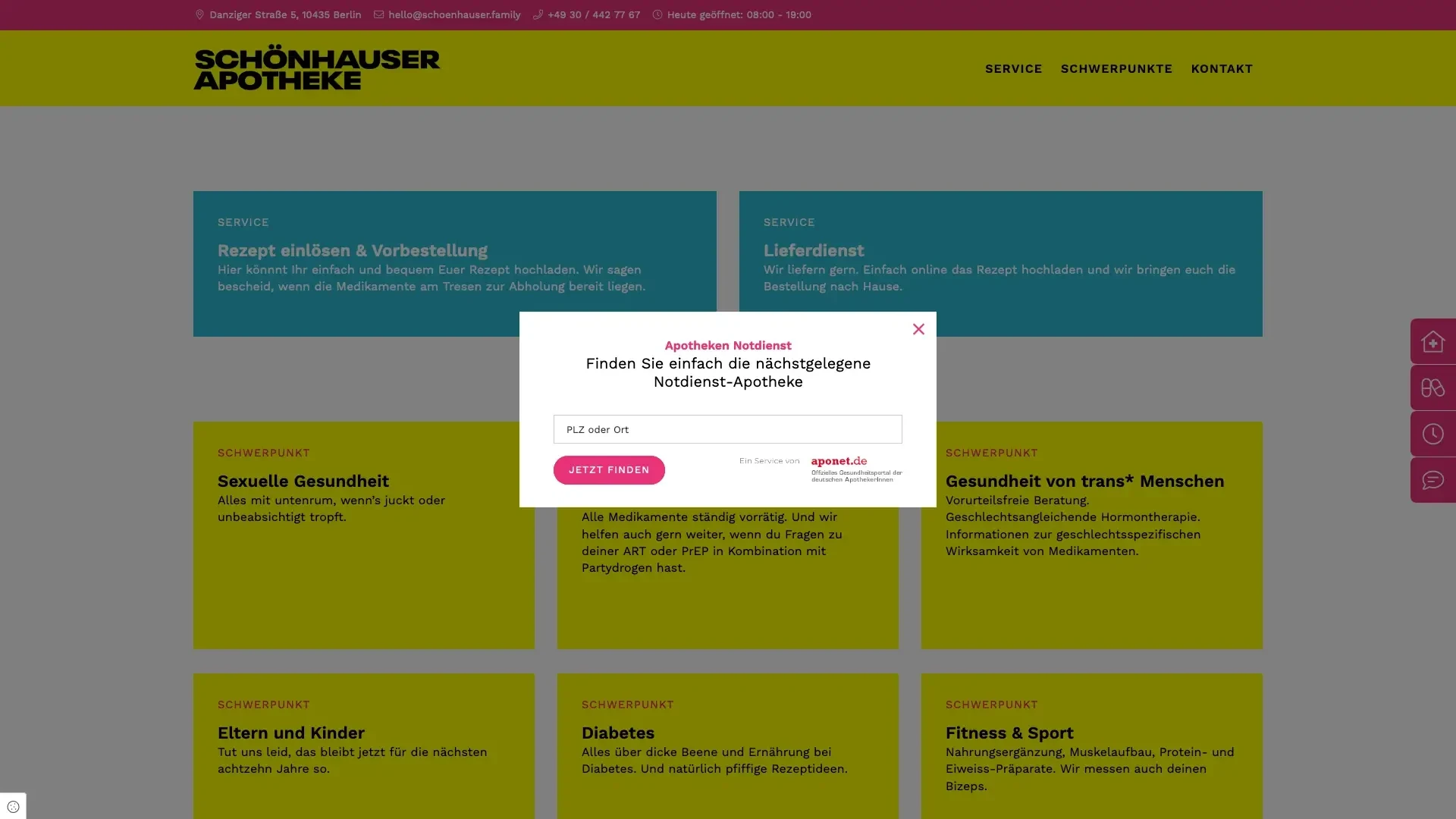 Bildschirmfoto einer Apotheken-Website mit Notdienst-Suche am 27.08.2021 um 16:44 Uhr