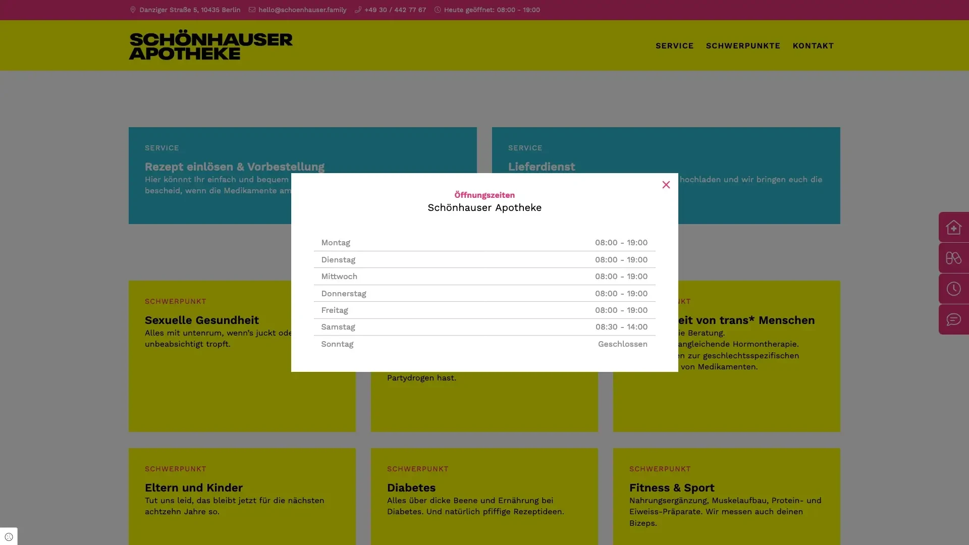 Öffnungszeiten der Schönhauser Apotheke, Screenshot vom 27.08.2021