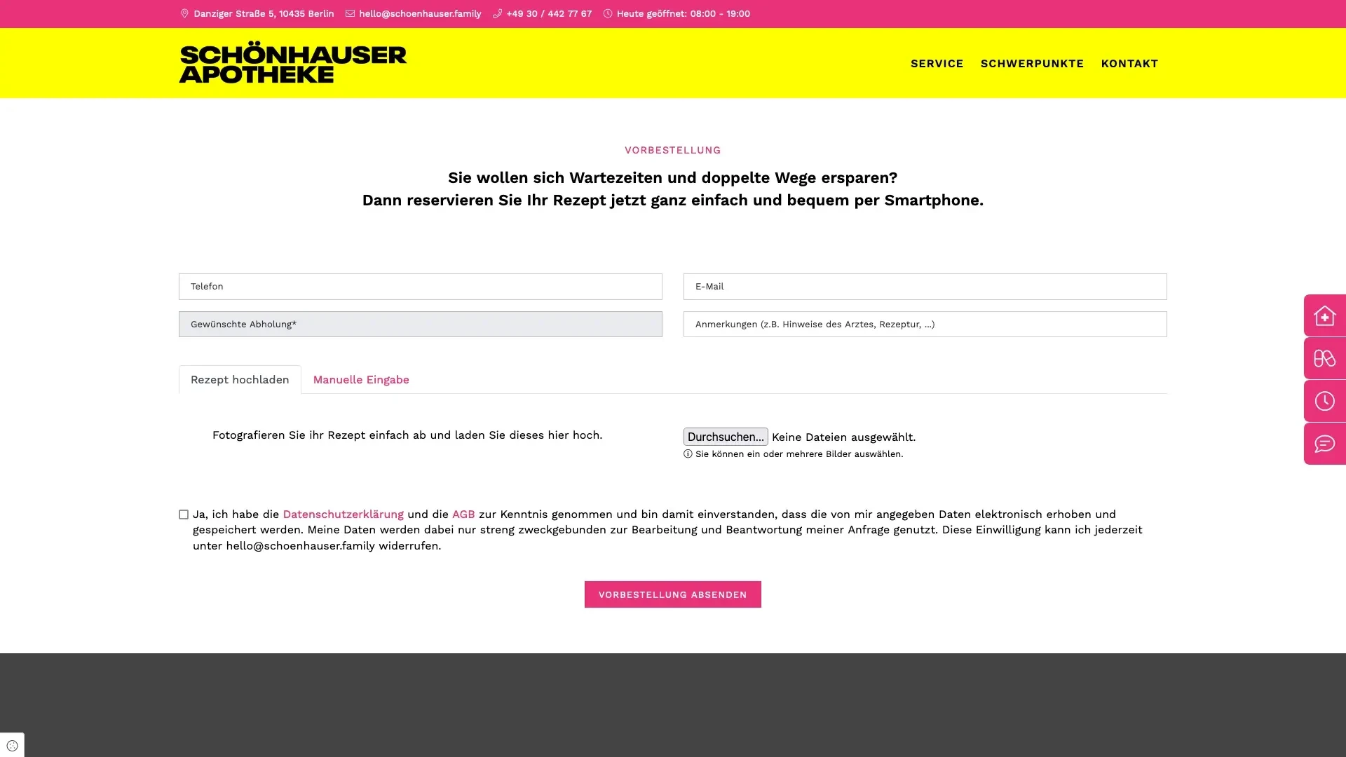 Screenshot des Online-Vorbestellformulars der Schönhauser Apotheke für Rezepte am 27.08.2021