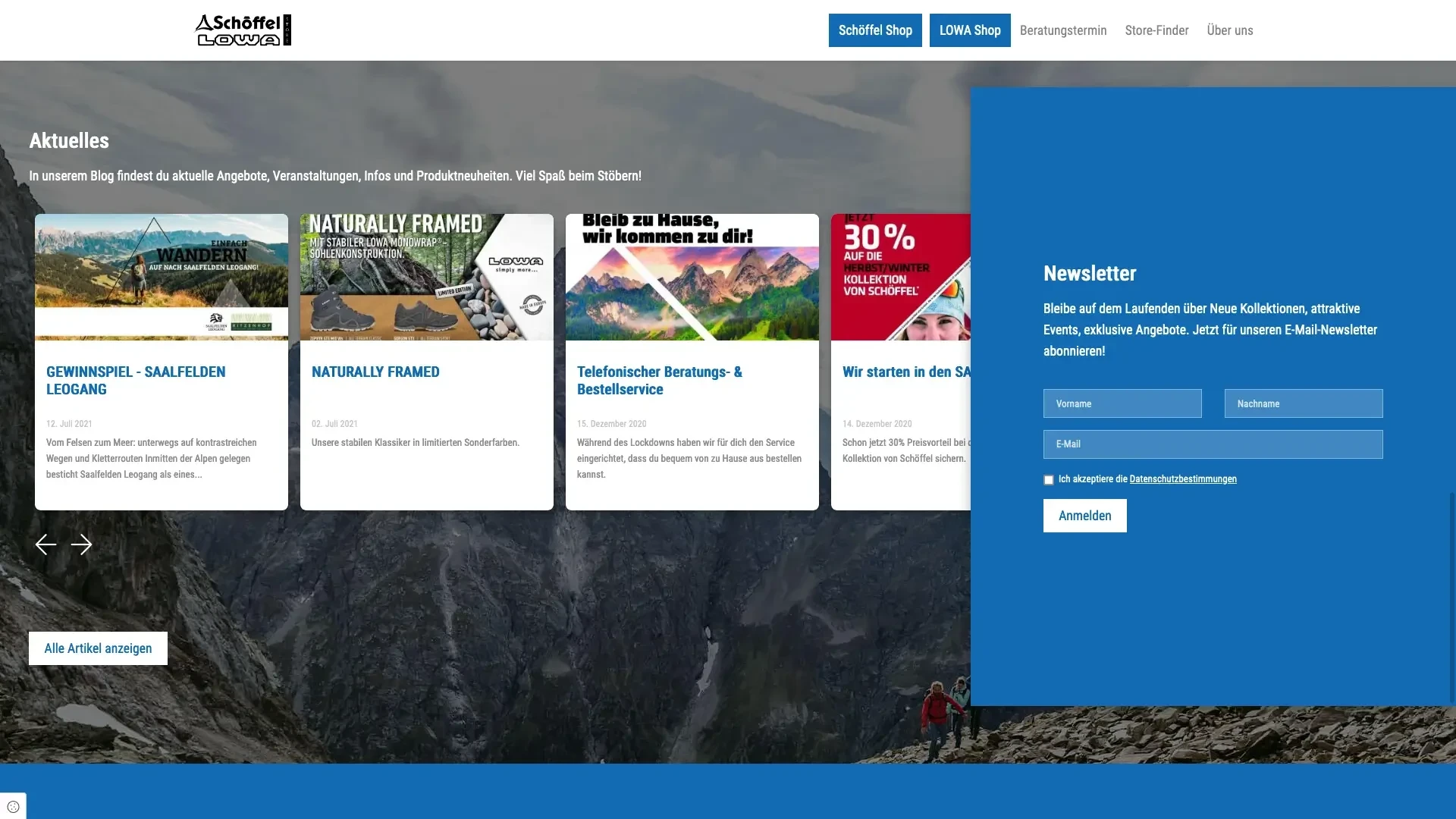 Bildschirmfoto einer Webseite mit Schöffel Shop, LOWA Shop und Newsletter-Anmeldung am 03.09.2021 um 16:08:52