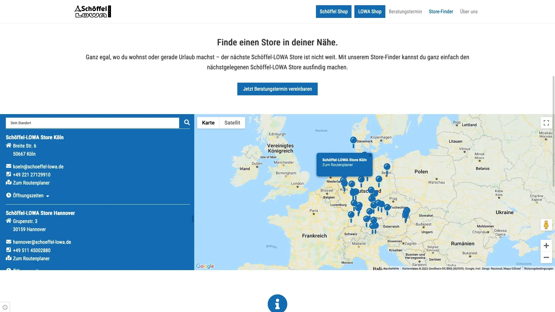 Store-Finder mit Karte zur Suche von Schöffel-LOWA Stores in Europa, Bildschirmfoto vom 03.09.2021
