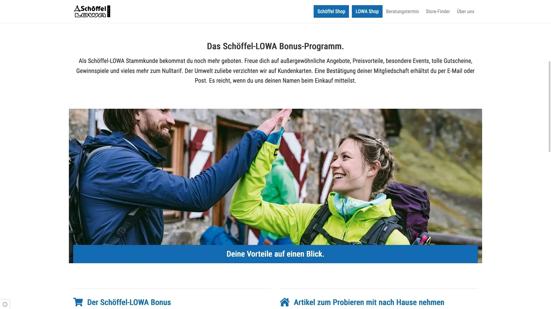 Screenshot des Schöffel-LOWA Bonus-Programms mit zwei Wanderern, die sich abklatschen